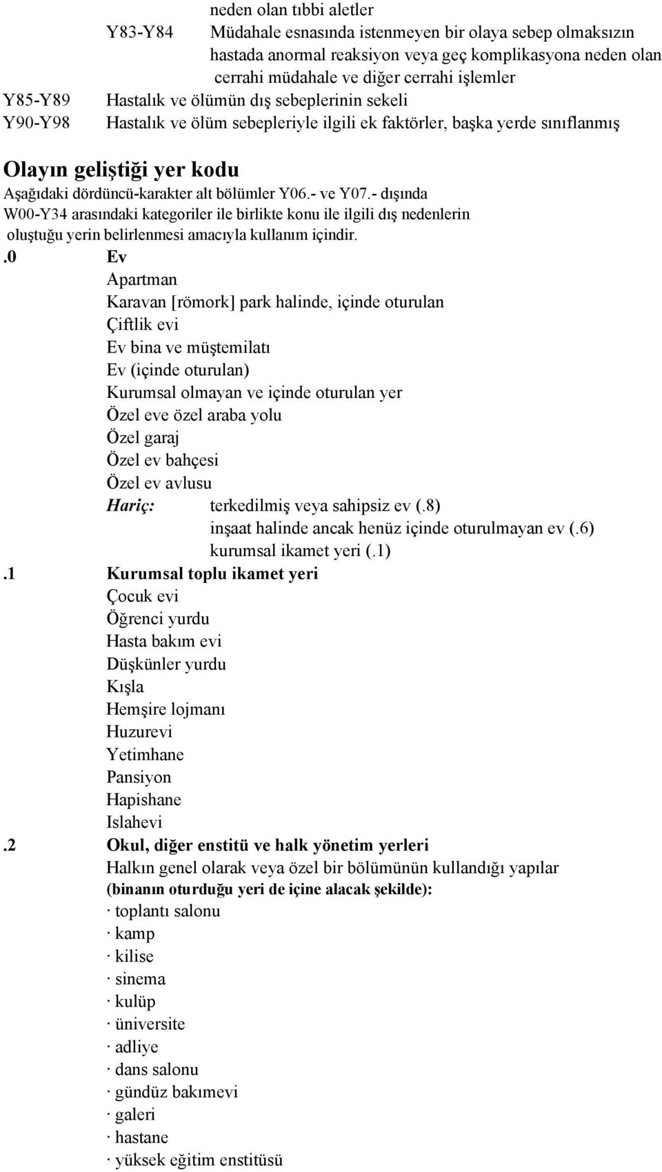 - ve Y07.- dışında W00-Y34 arasındaki kategoriler ile birlikte konu ile ilgili dış nedenlerin oluştuğu yerin belirlenmesi amacıyla kullanım içindir.