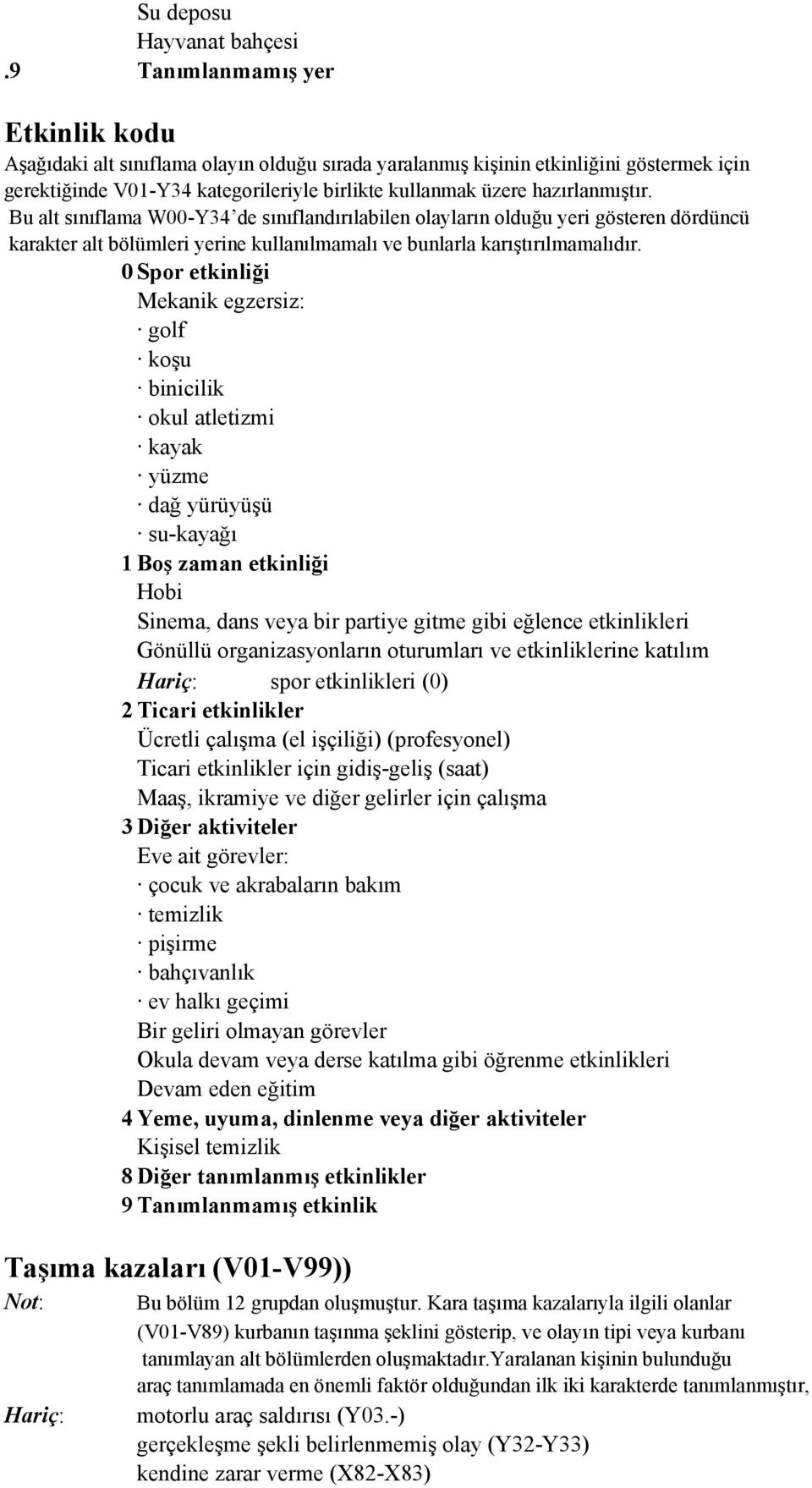 hazırlanmıştır. Bu alt sınıflama W00-Y34 de sınıflandırılabilen olayların olduğu yeri gösteren dördüncü karakter alt bölümleri yerine kullanılmamalı ve bunlarla karıştırılmamalıdır.