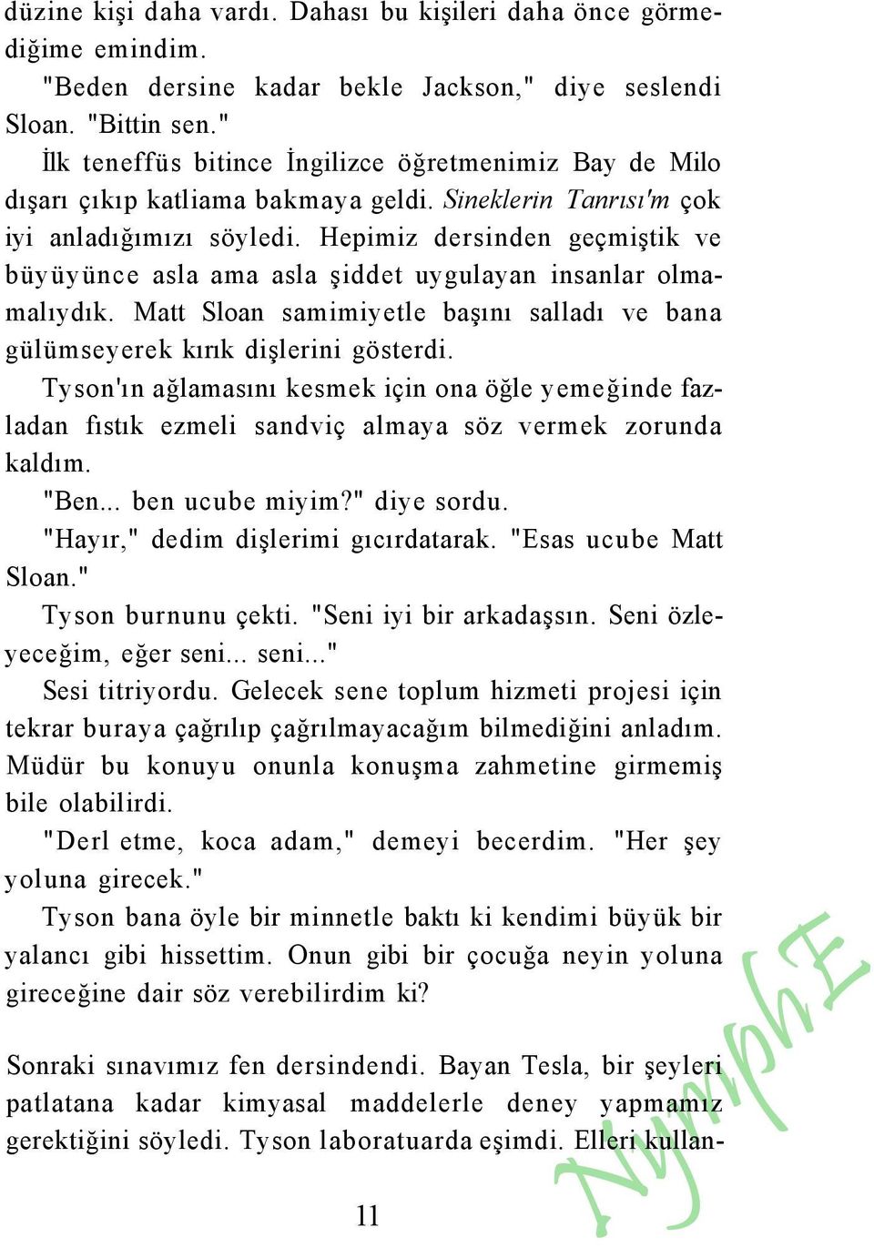 Hepimiz dersinden geçmiştik ve büyüyünce asla ama asla şiddet uygulayan insanlar olmamalıydık. Matt Sloan samimiyetle başını salladı ve bana gülümseyerek kırık dişlerini gösterdi.