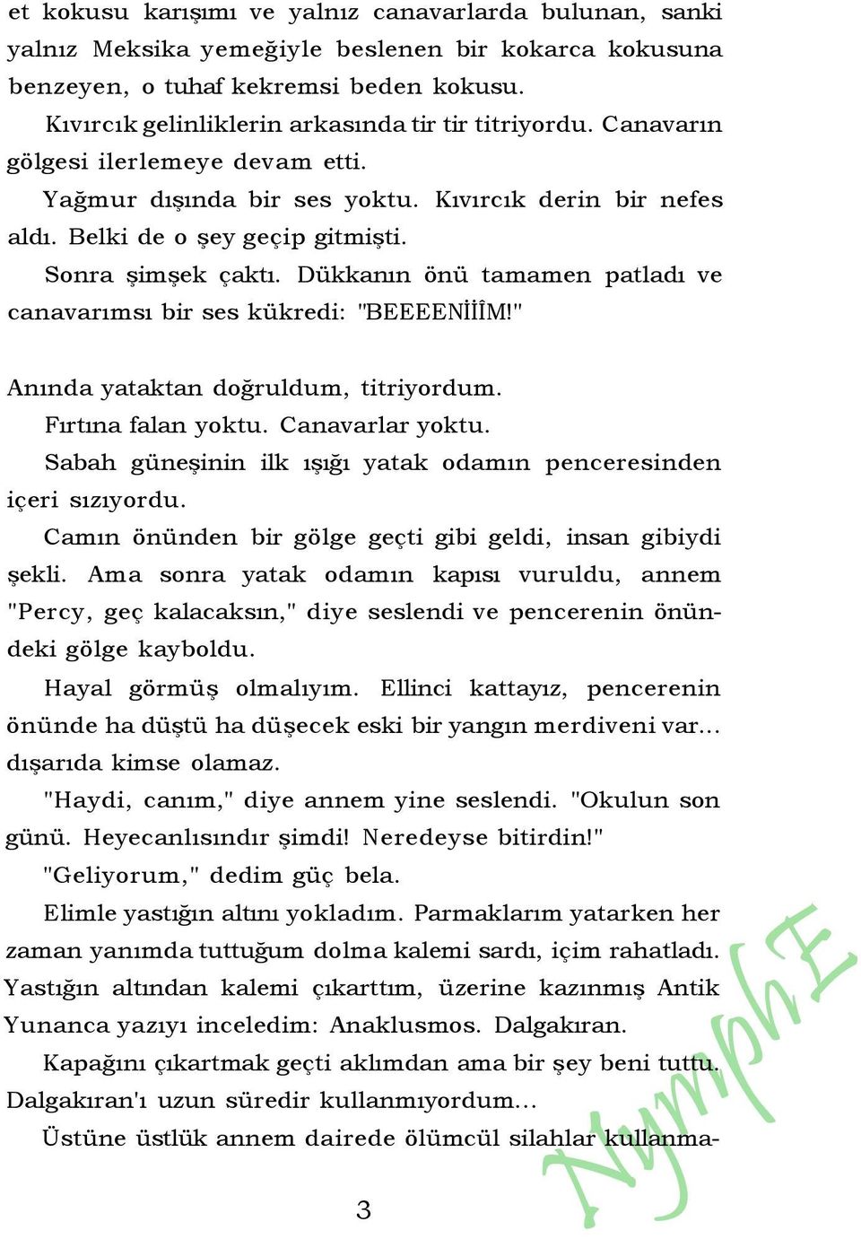 Sonra şimşek çaktı. Dükkanın önü tamamen patladı ve canavarımsı bir ses kükredi: "BEEEENİİÎM!" Anında yataktan doğruldum, titriyordum. Fırtına falan yoktu. Canavarlar yoktu.