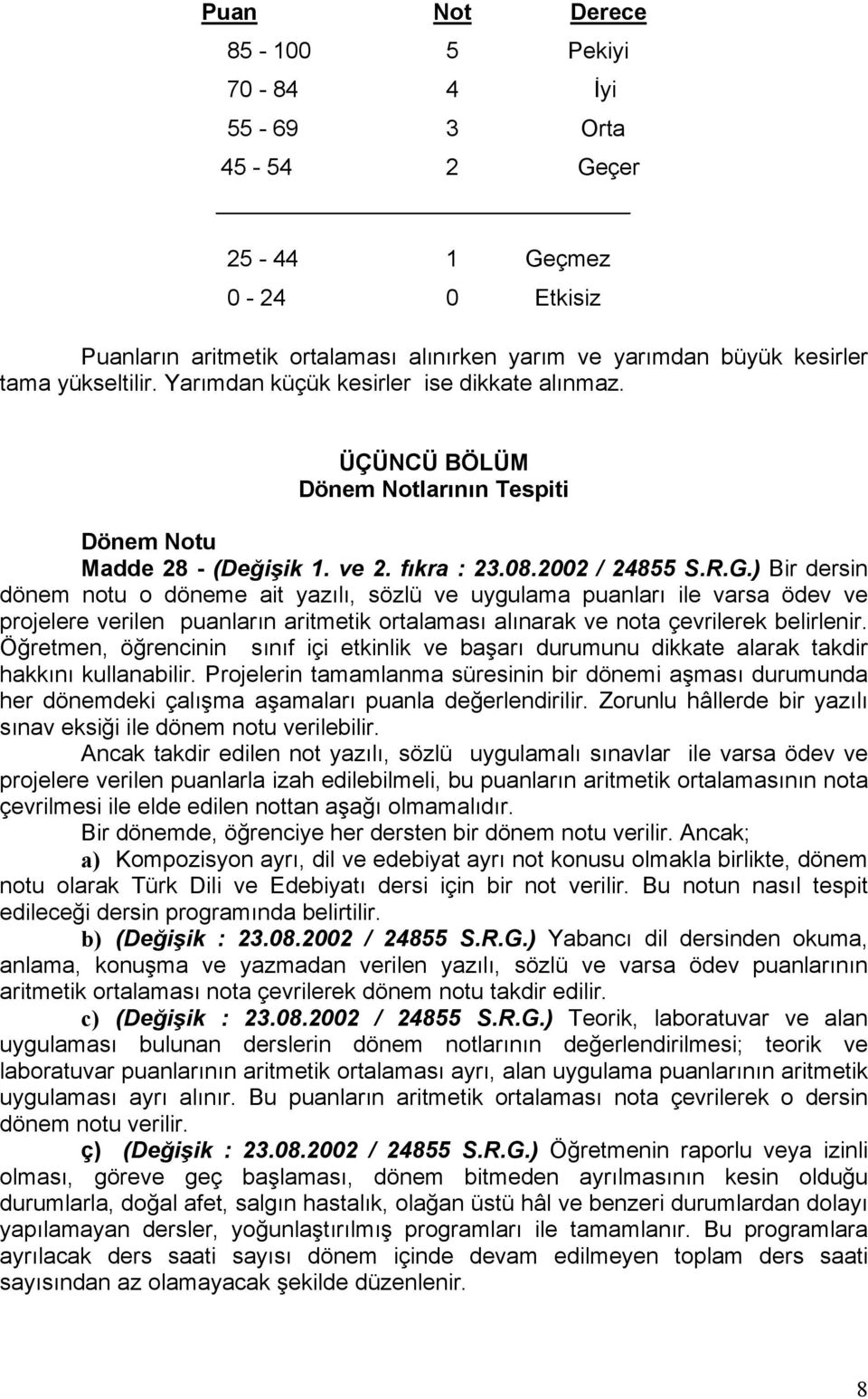 ) Bir dersin dönem notu o döneme ait yazılı, sözlü ve uygulama puanları ile varsa ödev ve projelere verilen puanların aritmetik ortalaması alınarak ve nota çevrilerek belirlenir.