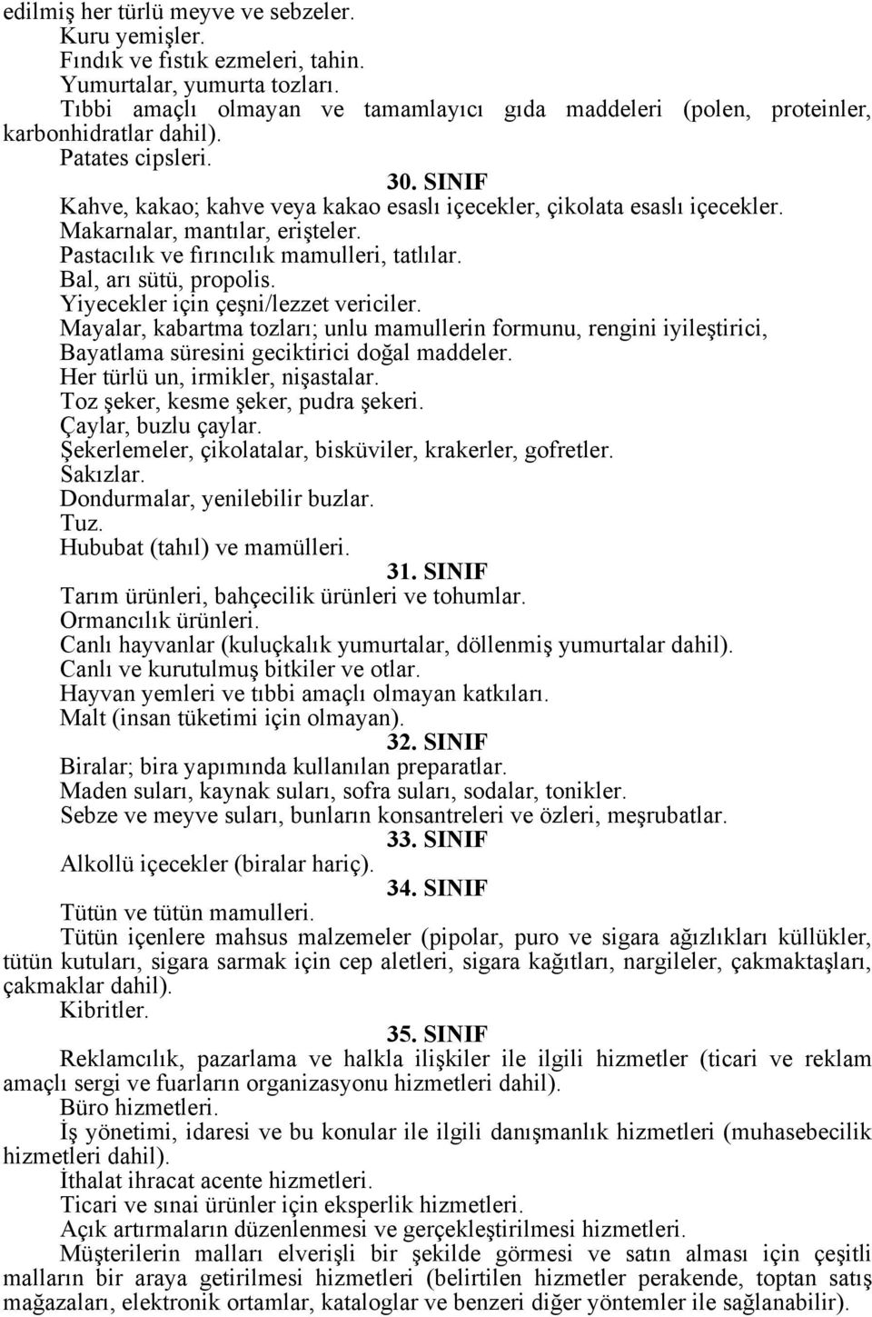 Makarnalar, mantılar, erişteler. Pastacılık ve fırıncılık mamulleri, tatlılar. Bal, arı sütü, propolis. Yiyecekler için çeşni/lezzet vericiler.