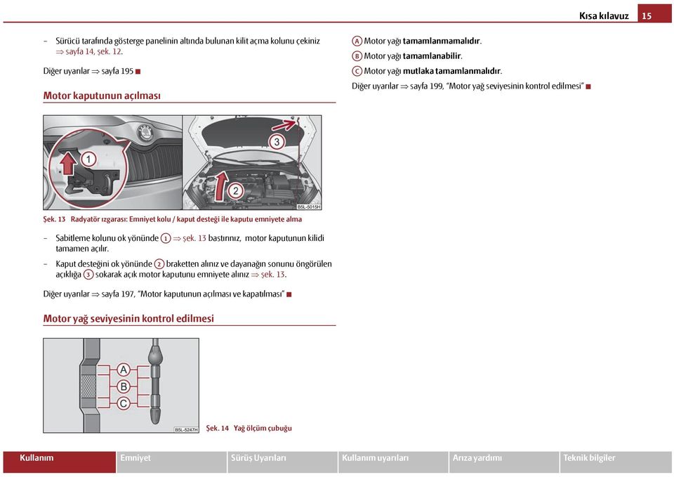 13 Radyatör ızgarası: Emniyet kolu / kaput desteği ile kaputu emniyete alma Sabitleme kolunu ok yönünde A1 şek. 13 bastırınız, motor kaputunun kilidi tamamen açılır.
