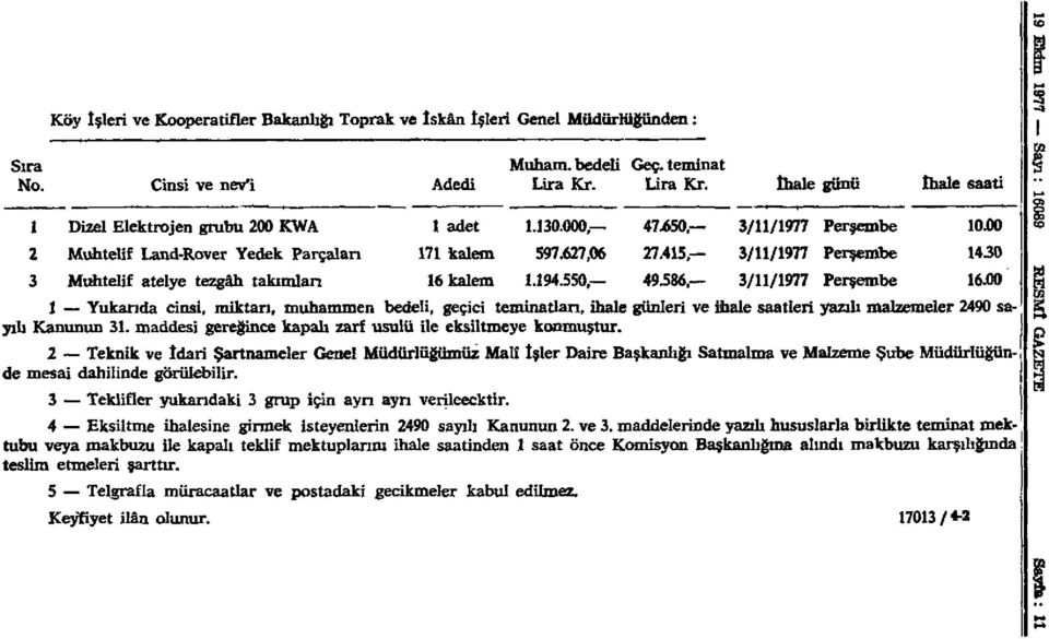 130.000, 47.650, 3/11/1977 Perşembe 10.00 171 kalem 597.627,06 27.415, 3/11/1977 Perşembe 1430 16 kalem 1.194.550, 49.586, 3/11/1977 Perşembe 16.