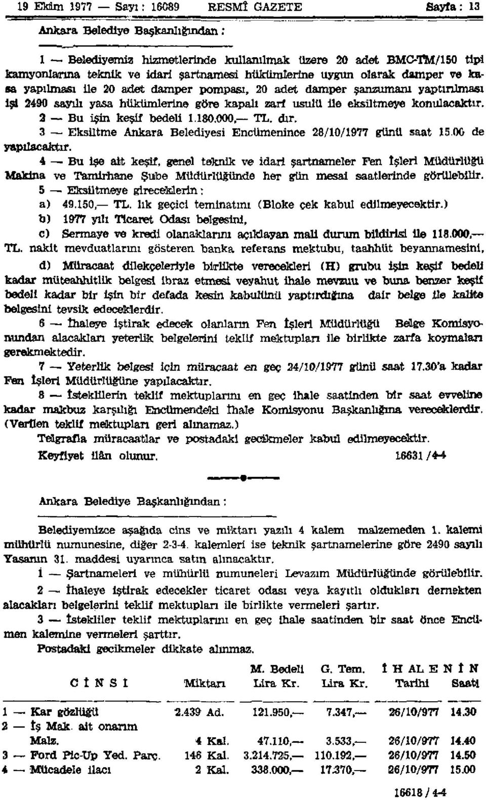 2 Bu işin kesif bedeli 1.180.000, TL. dır. 3 Eksütme Ankara Belediyesi Encümenince 28/10/1977 günü saat 15.00 de yapılacaktır.