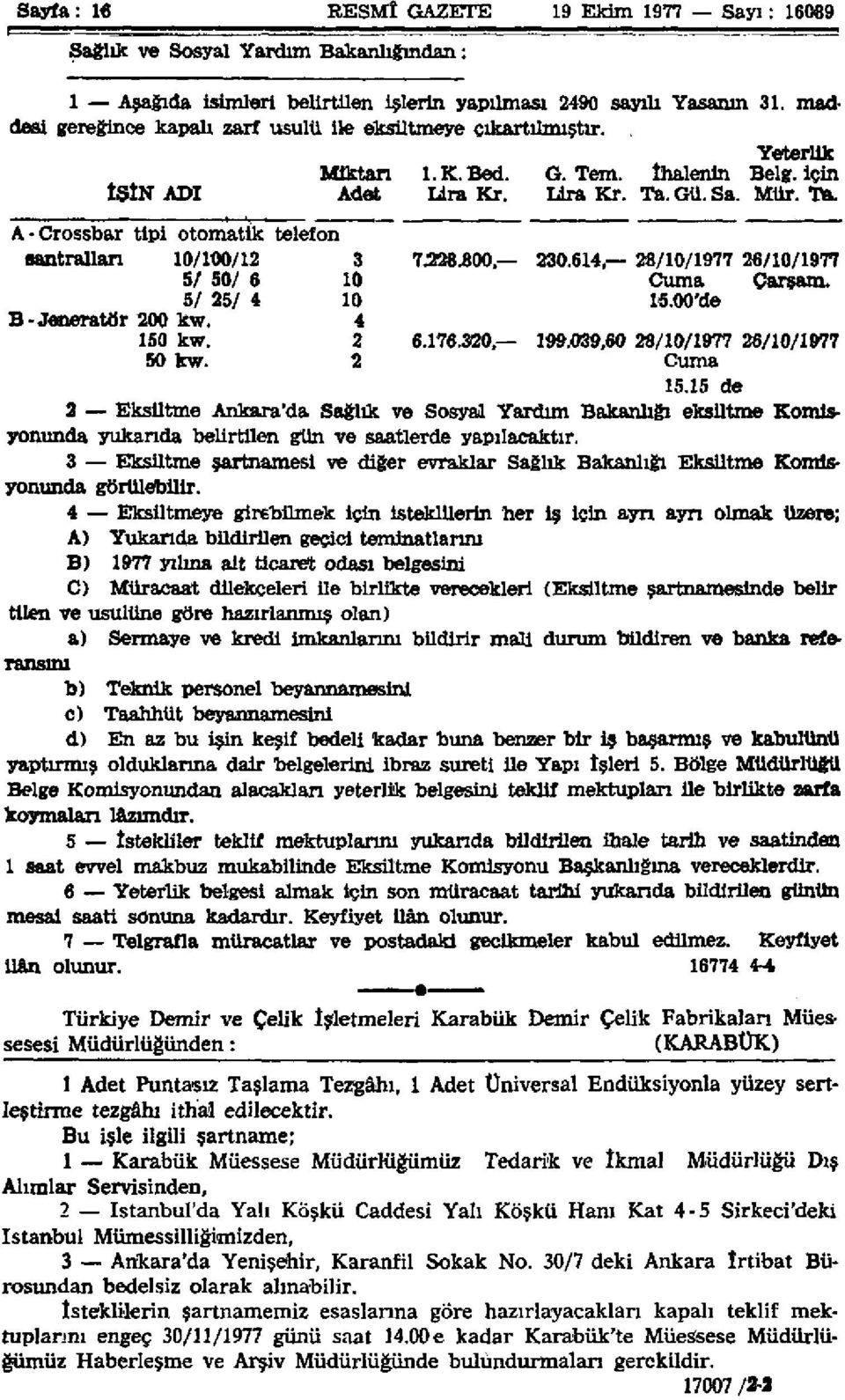 Gü. Sa. Mür. Ta. A-Crossbar tipi otomatik telefon aantrallan 10/100/12 3 7.228.800 230.614, 28/10/1977 26/10/1977 5/ 50/ 6 10 Cuma Çarsam. 5/ 25/ 4 10 15.00'de B-Jeneratör 200 kw. 4 150 kw. 2 6.176.