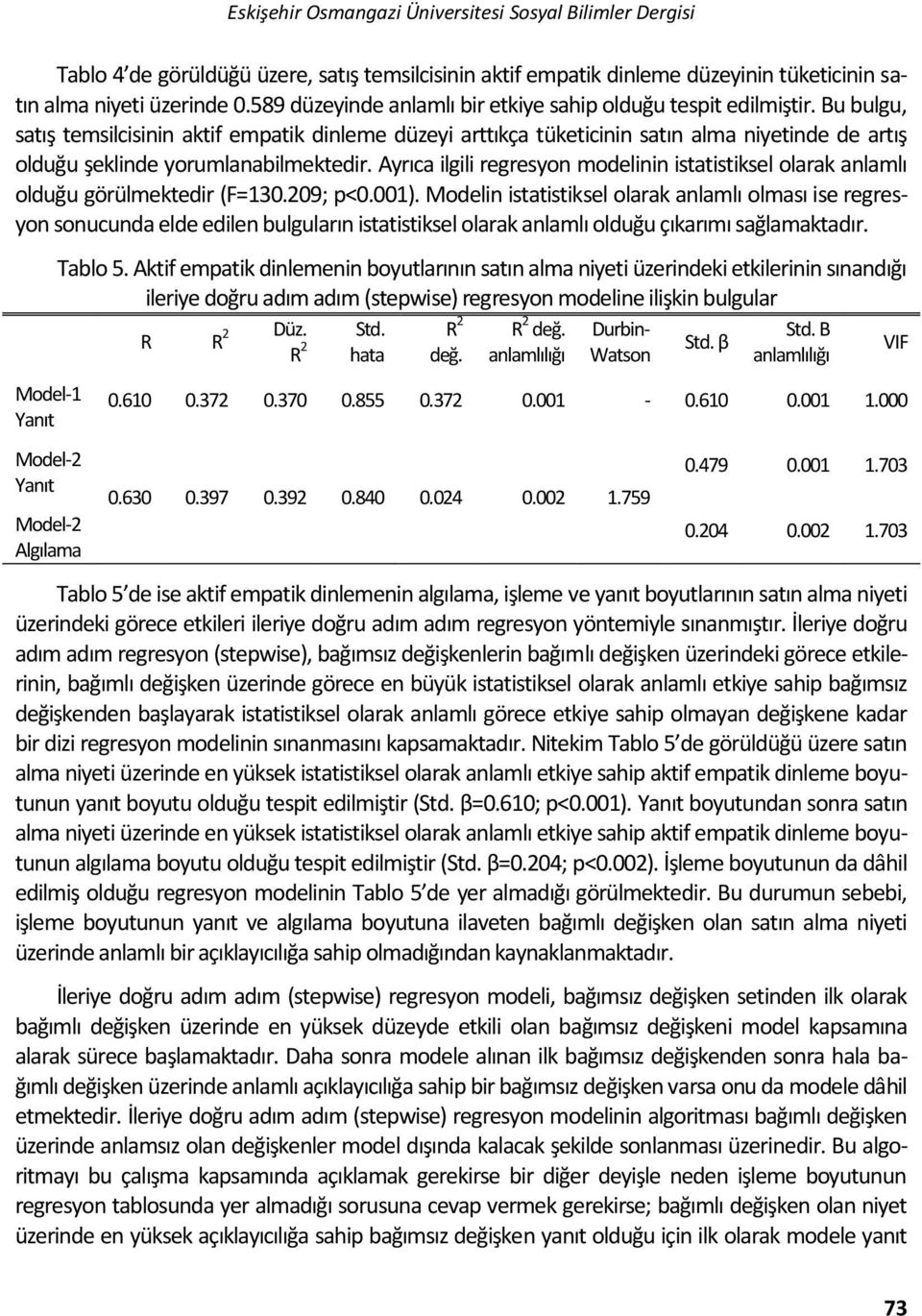 Bu bulgu, satış temsilcisinin aktif empatik dinleme düzeyi arttıkça tüketicinin satın alma niyetinde de artış olduğu şeklinde yorumlanabilmektedir.