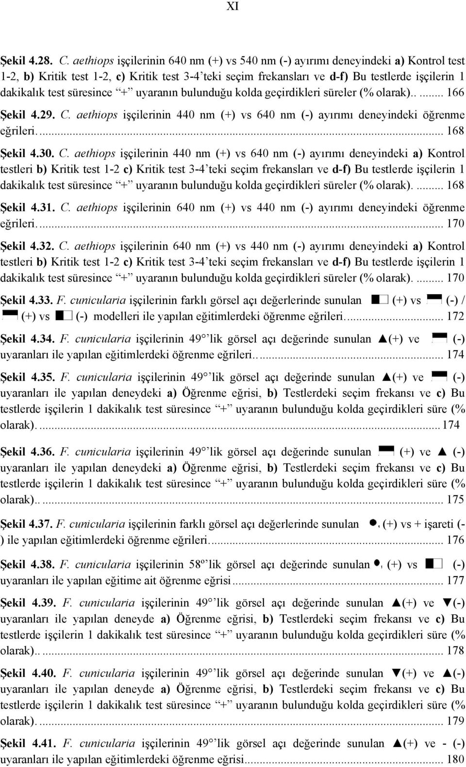 süresincee + uyaranın bulunduğuu kolda geçirdikleri süreler (% olarak)..... 1666 Şekil 4.29. C. aethiops işçilerininn 440 nm (+ +) vs 640 nm (-) ayırımı deneyindeki öğrenmee eğrileri.... 168 Şekil 4.