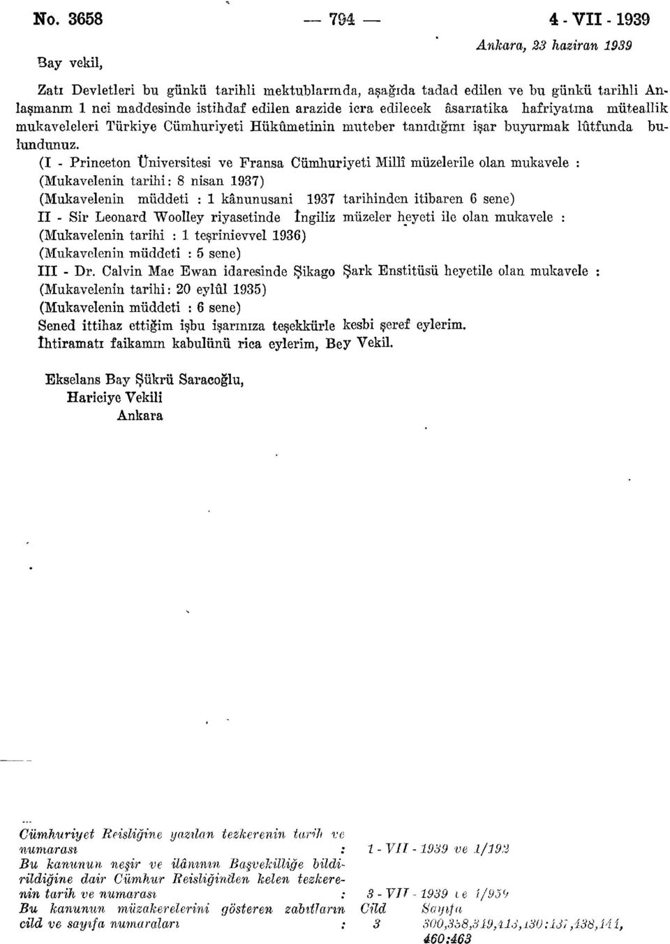 (I - Princeton Üniversitesi ve Fransa Cumhuriyeti Millî müzelerile olan mukavele : (Mukavelenin tarihi: 8 nisan 1937) (Mukavelenin müddeti : 1 kânunusani 1937 tarihinden itibaren 6 sene) II - Sir