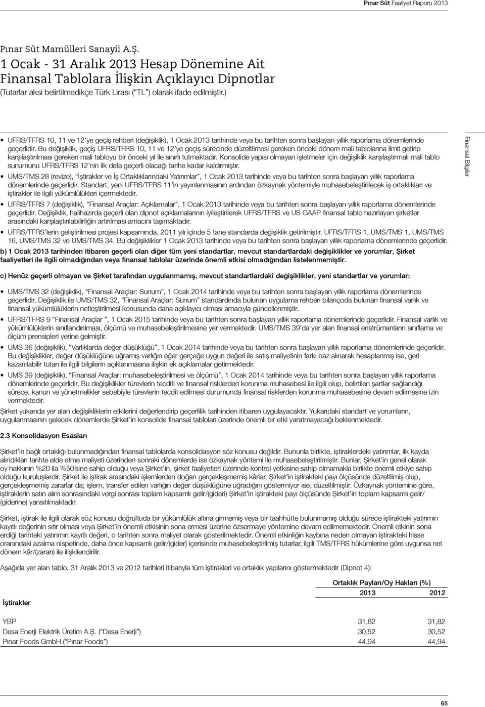 tutmaktadır. Konsolide yapısı olmayan işletmeler için değişiklik karşılaştırmalı mali tablo sunumunu UFRS/TFRS 12 nin ilk defa geçerli olacağı tarihe kadar kaldırmıştır.