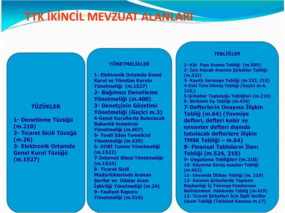 3) 4-Genel Kurullarda Bulunacak Bakanlık temsilcisi Yönetmeliği (m.407) 5- Tevdi Eden Temsilcisi Yönetmeliği (m.429) 6- KOBİ Tanımı Yönetmeliği (m.1522) 7-İnternet Sitesi Yönetmeliği (m.