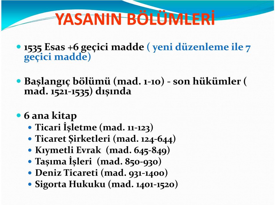 1521-1535) dışında 6 ana kitap Ticari İşletme (mad. 11-123) Ticaret Şirketleri (mad.