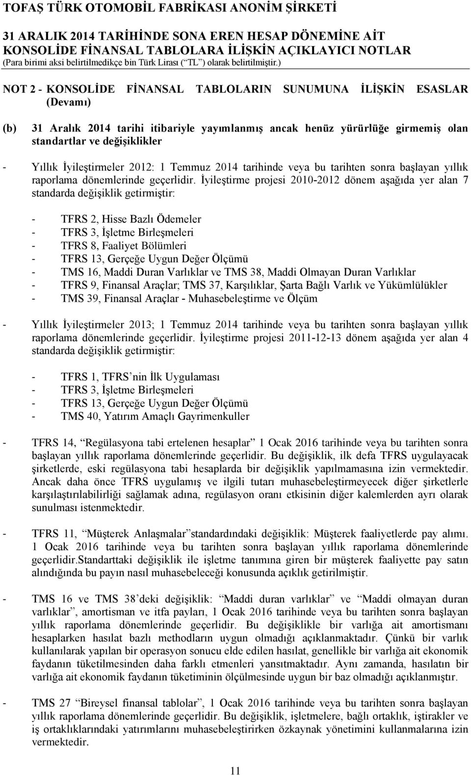 İyileştirme projesi 2010-2012 dönem aşağıda yer alan 7 standarda değişiklik getirmiştir: - TFRS 2, Hisse Bazlı Ödemeler - TFRS 3, İşletme Birleşmeleri - TFRS 8, Faaliyet Bölümleri - TFRS 13, Gerçeğe