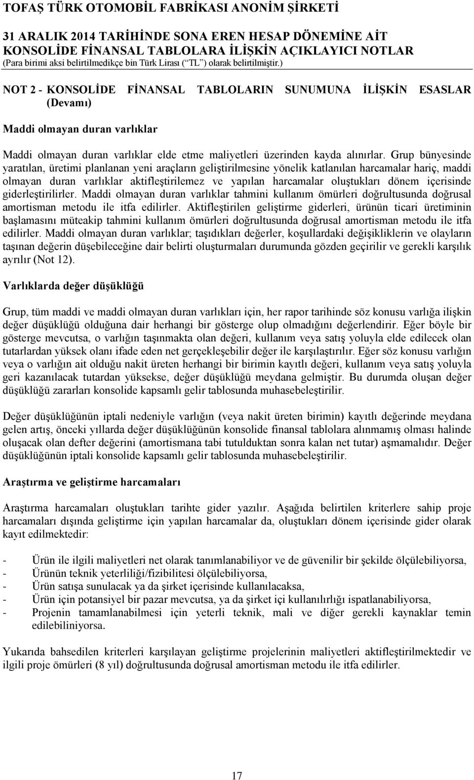 dönem içerisinde giderleştirilirler. Maddi olmayan duran varlıklar tahmini kullanım ömürleri doğrultusunda doğrusal amortisman metodu ile itfa edilirler.