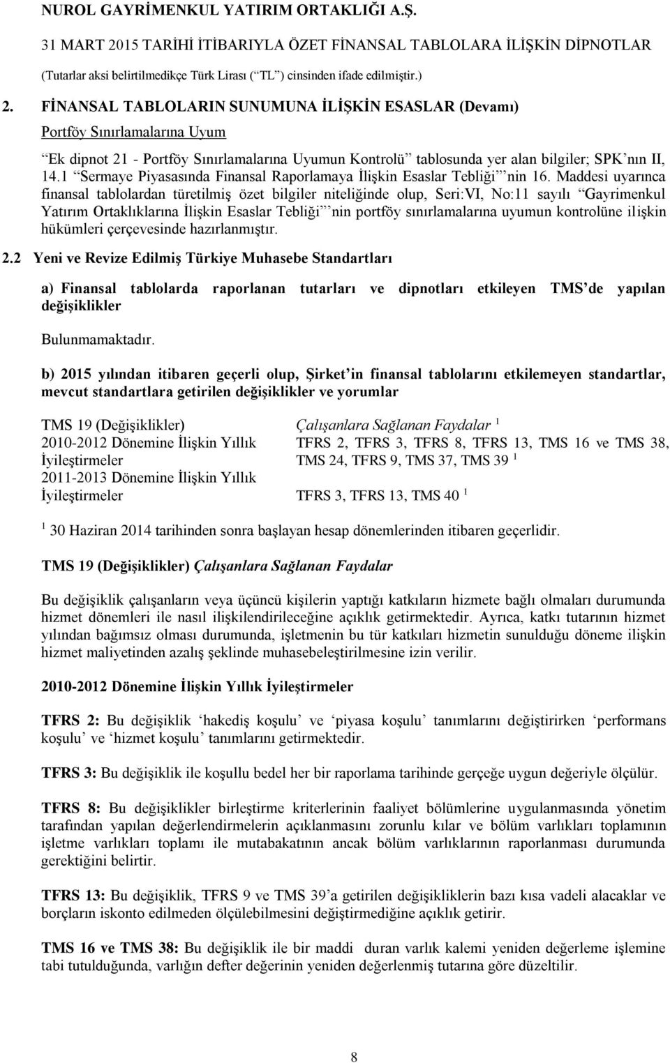 Maddesi uyarınca finansal tablolardan türetilmiş özet bilgiler niteliğinde olup, Seri:VI, No:11 sayılı Gayrimenkul Yatırım Ortaklıklarına İlişkin Esaslar Tebliği nin portföy sınırlamalarına uyumun