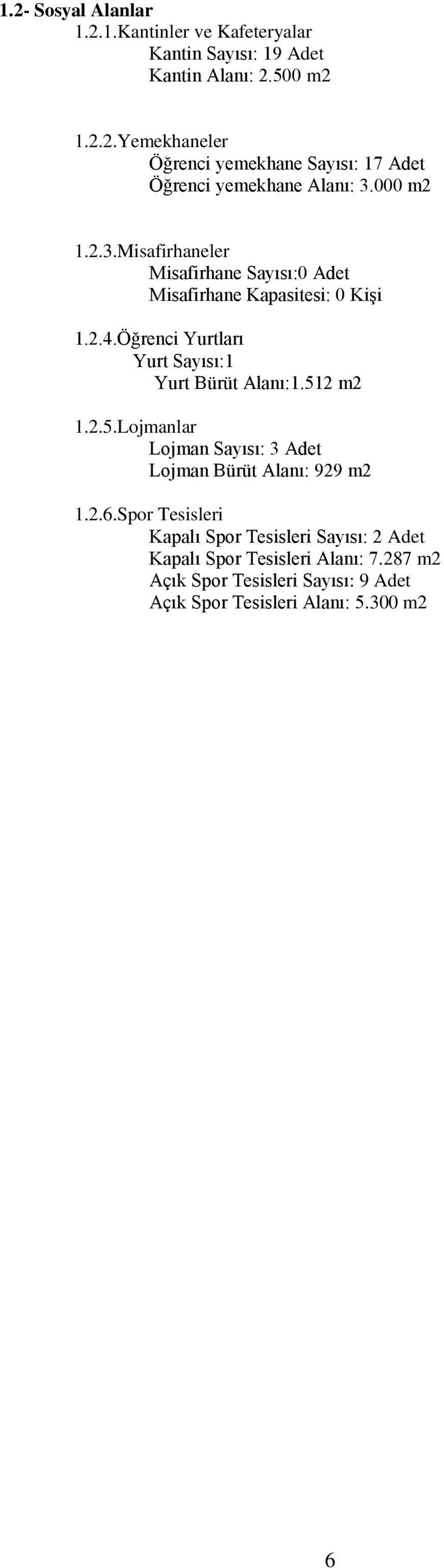 Öğrenci Yurtları Yurt Sayısı:1 Yurt Bürüt Alanı:1.512 m2 1.2.5.Lojmanlar Lojman Sayısı: 3 Adet Lojman Bürüt Alanı: 929 m2 1.2.6.