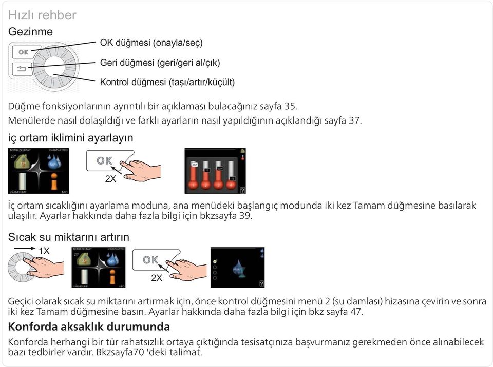 Geçici olarak sıcak su miktarını artırmak için, önce kontrol düğmesini menü 2 (su damlası) hizasına çevirin ve sonra iki kez Tamam düğmesine basın.