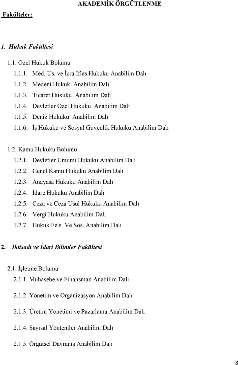 2.3. Anayasa Hukuku Anabilim Dalı 1.2.4. İdare Hukuku Anabilim Dalı 1.2.5. Ceza ve Ceza Usul Hukuku Anabilim Dalı 1.2.6. Vergi Hukuku Anabilim Dalı 1.2.7. Hukuk Fels. Ve Sos. Anabilim Dalı 2.