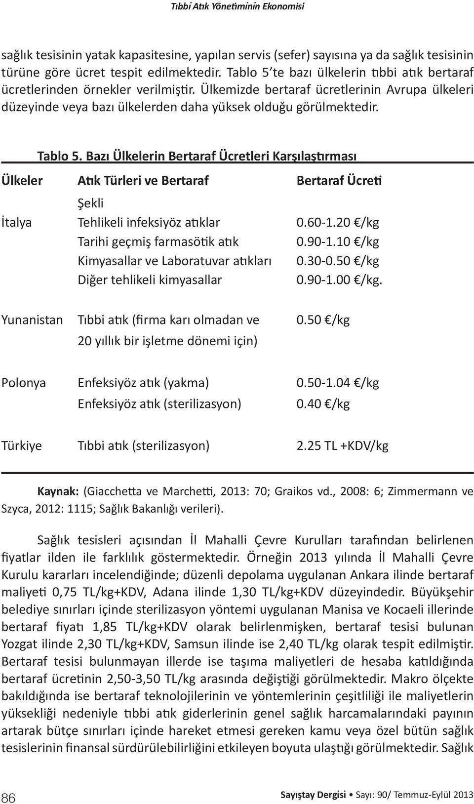 Tablo 5. Bazı Ülkelerin Bertaraf Ücretleri Karşılaştırması Ülkeler Atık Türleri ve Bertaraf Bertaraf Ücreti Şekli İtalya Tehlikeli infeksiyöz atıklar 0.60-1.20 /kg Tarihi geçmiş farmasötik atık 0.