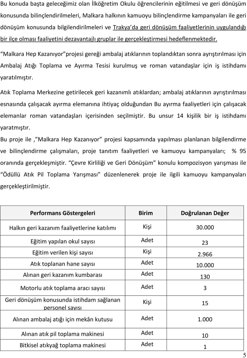 Malkara Hep Kazanıyor projesi gereği ambalaj atıklarının toplandıktan sonra ayrıştırılması için Ambalaj Atığı Toplama ve Ayırma Tesisi kurulmuş ve roman vatandaşlar için iş istihdamı yaratılmıştır.