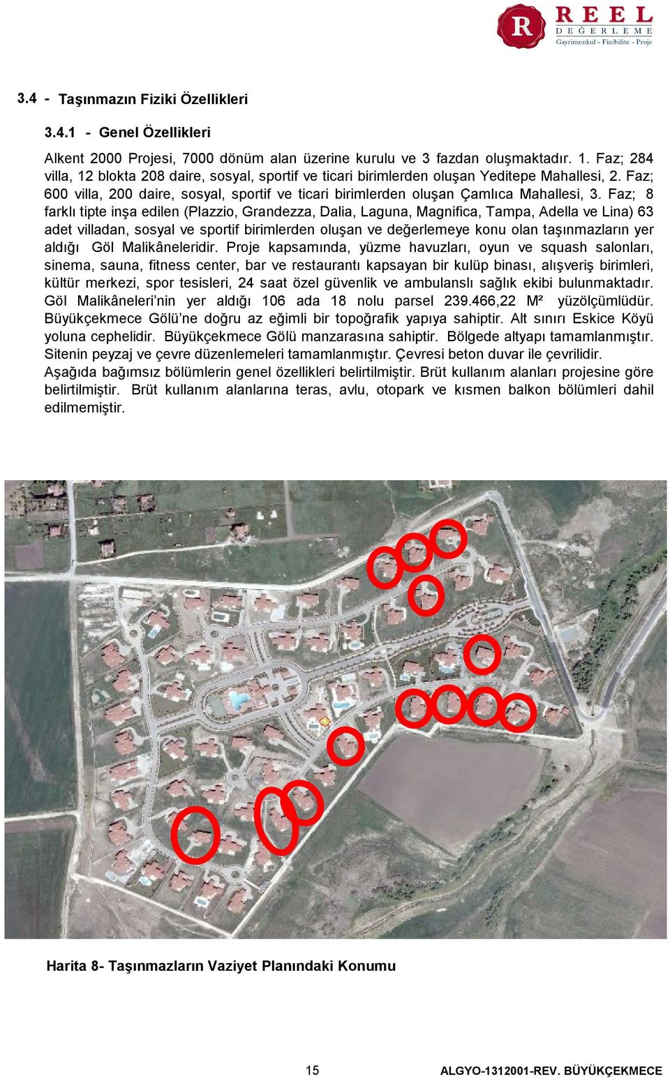Faz; 8 farklı tipte inşa edilen (Plazzio, Grandezza, Dalia, Laguna, Magnifica, Tampa, Adella ve Lina) 63 adet villadan, sosyal ve sportif birimlerden oluşan ve değerlemeye konu olan taşınmazların yer