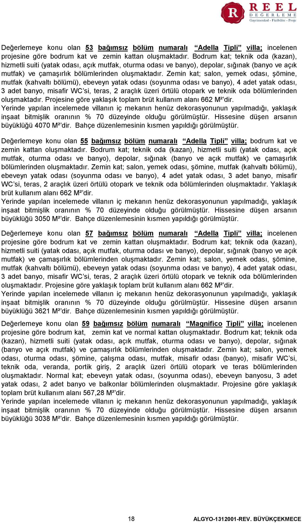 Zemin kat; salon, yemek odası, şömine, mutfak (kahvaltı bölümü), ebeveyn yatak odası (soyunma odası ve banyo), 4 adet yatak odası, 3 adet banyo, misafir WC si, teras, 2 araçlık üzeri örtülü otopark