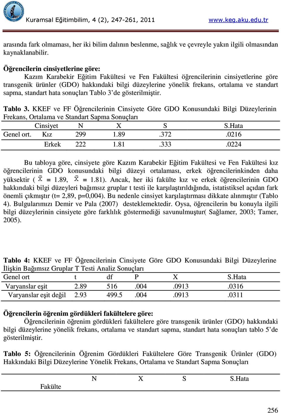 ve standart sapma, standart hata sonuçları Tablo 3 de gösterilmiştir. Tablo 3. KKEF ve FF Öğrencilerinin Cinsiyete Göre GDO Konusundaki Bilgi Düzeylerinin Frekans, Ortalama ve Standart Sapma Sonuçları Cinsiyet N X S S.