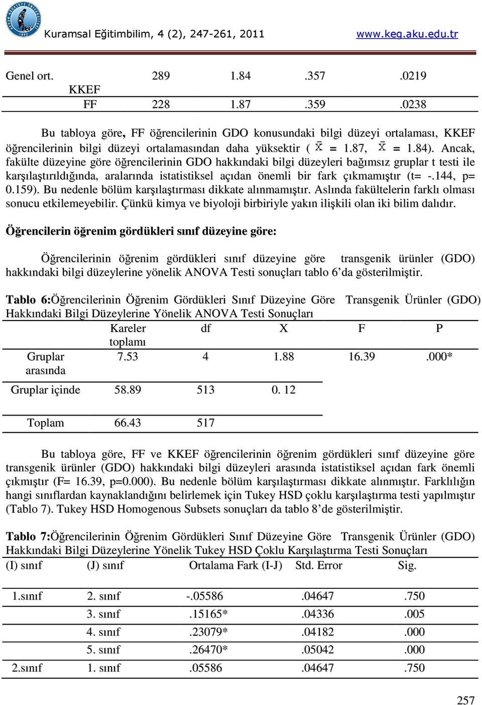 Ancak, fakülte düzeyine göre öğrencilerinin GDO hakkındaki bilgi düzeyleri bağımsız gruplar t testi ile karşılaştırıldığında, aralarında istatistiksel açıdan önemli bir fark çıkmamıştır (t= -.