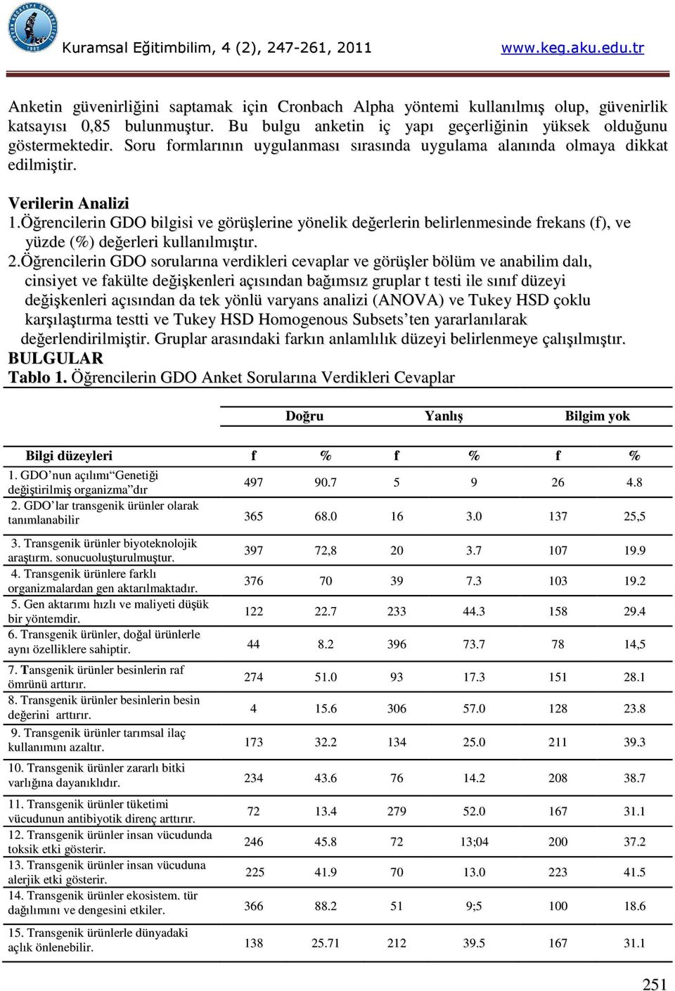 Öğrencilerin GDO bilgisi ve görüşlerine yönelik değerlerin belirlenmesinde frekans (f), ve yüzde (%) değerleri kullanılmıştır. 2.