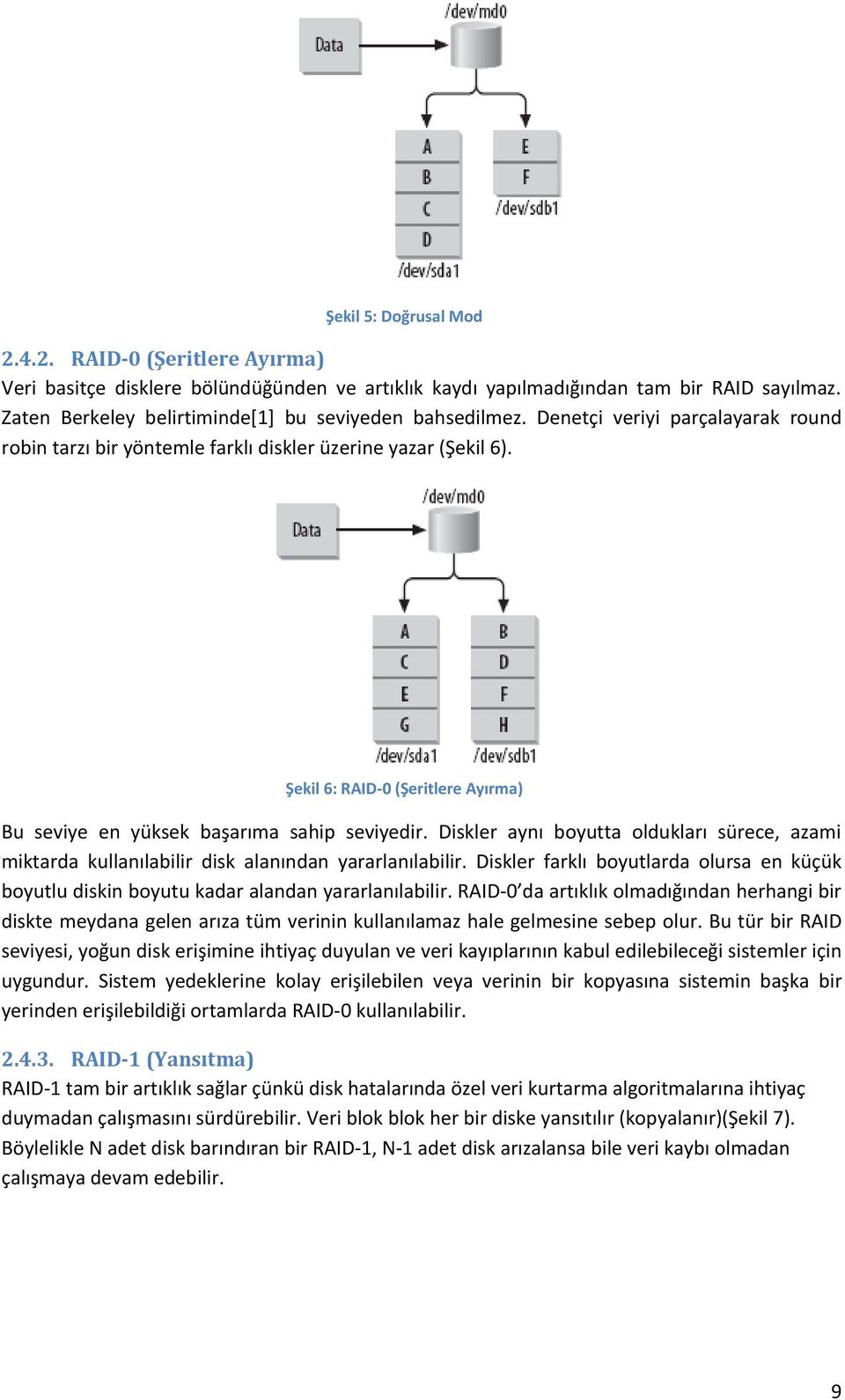 Şekil 6: RAID-0 (Şeritlere Ayırma) Bu seviye en yüksek başarıma sahip seviyedir. Diskler aynı boyutta oldukları sürece, azami miktarda kullanılabilir disk alanından yararlanılabilir.