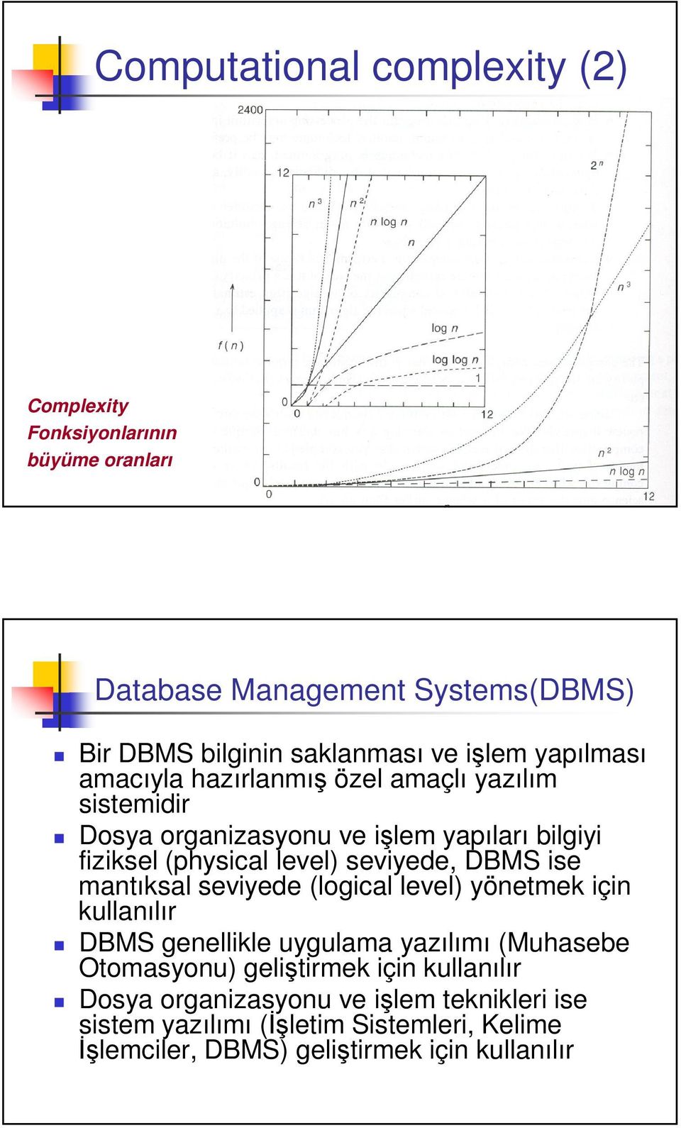 seviyede, DBMS ise mantıksal seviyede (logical level) yönetmek için kullanılır DBMS genellikle uygulama yazılımı (Muhasebe Otomasyonu)