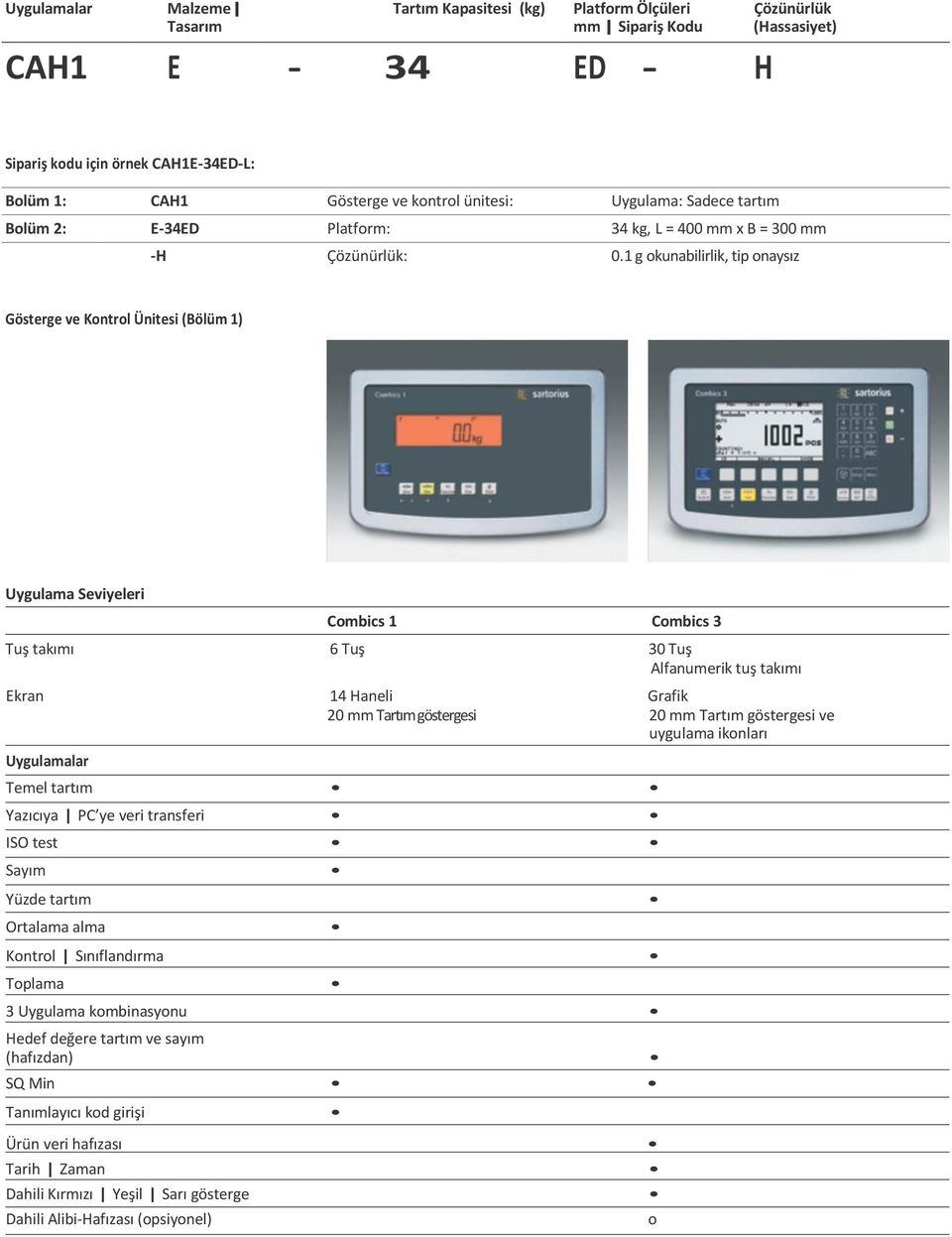 1 g okunabilirlik, tip onaysız Gösterge ve Kontrol Ünitesi (Bölüm 1) Uygulama Seviyeleri Combics 1 Combics 3 Tuş takımı 6 Tuş 30 Tuş Alfanumerik tuş takımı Ekran 14 Haneli Grafik 20 mm Tartım