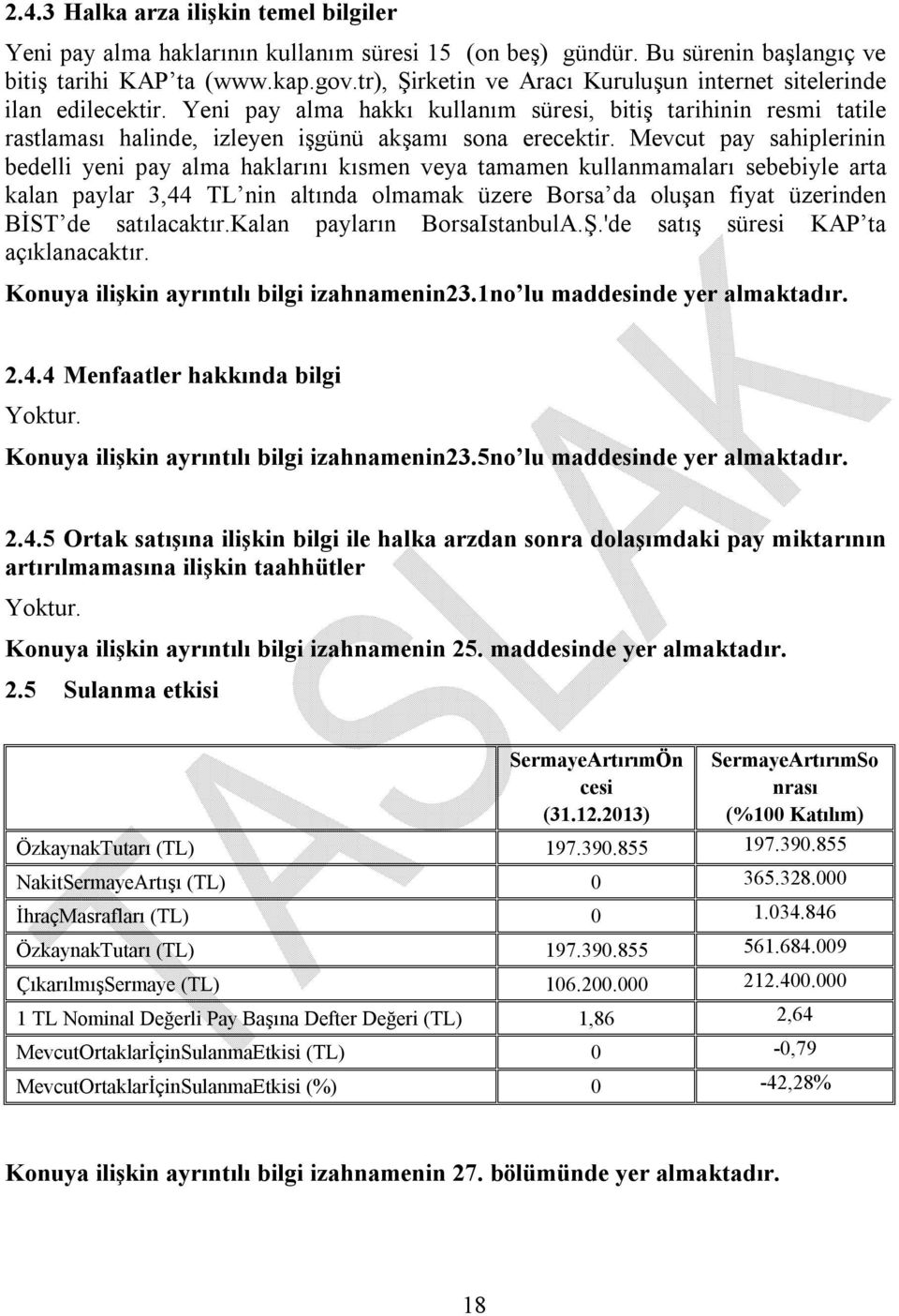 Mevcut pay sahiplerinin bedelli yeni pay alma haklarını kısmen veya tamamen kullanmamaları sebebiyle arta kalan paylar 3,44 TL nin altında olmamak üzere Borsa da oluşan fiyat üzerinden BİST de