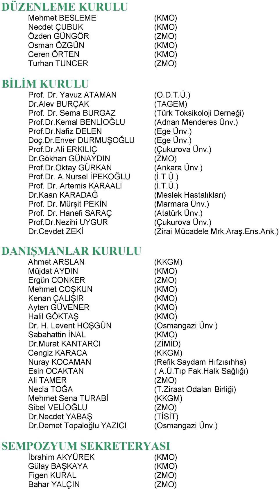 Dr.Nezihi UYGUR Dr.Cevdet ZEKİ DANIŞMANLAR KURULU Ahmet ARSLAN Müjdat AYDIN Ergün CONKER Mehmet COŞKUN Kenan ÇALIŞIR Ayten GÜVENER Halil GÖKTAŞ Dr. H. Levent HOŞGÜN Sabahattin İNAL Dr.