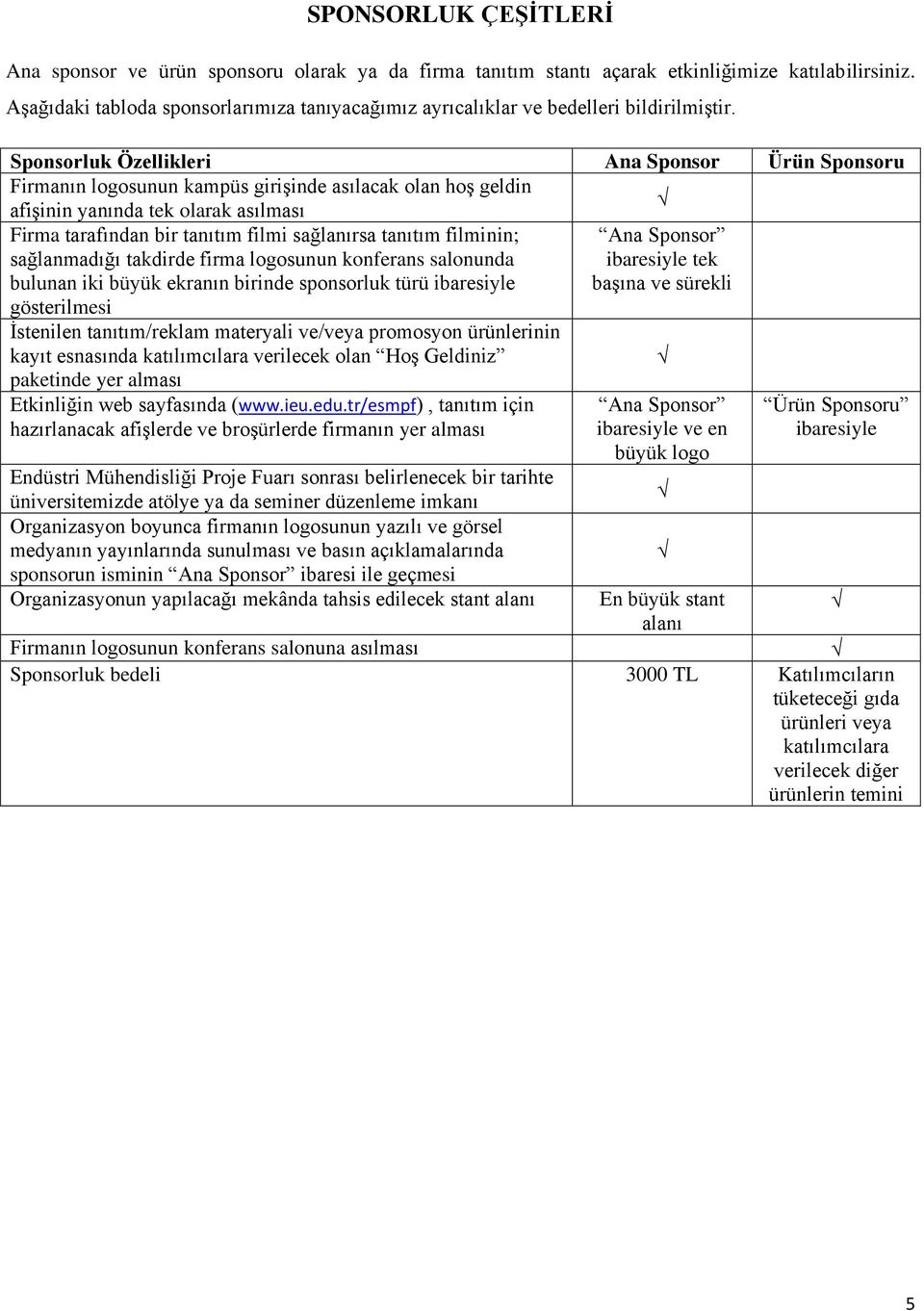 Sponsorluk Özellikleri Ana Sponsor Ürün Sponsoru Firmanın logosunun kampüs girişinde asılacak olan hoş geldin afişinin yanında tek olarak asılması Firma tarafından bir tanıtım filmi sağlanırsa