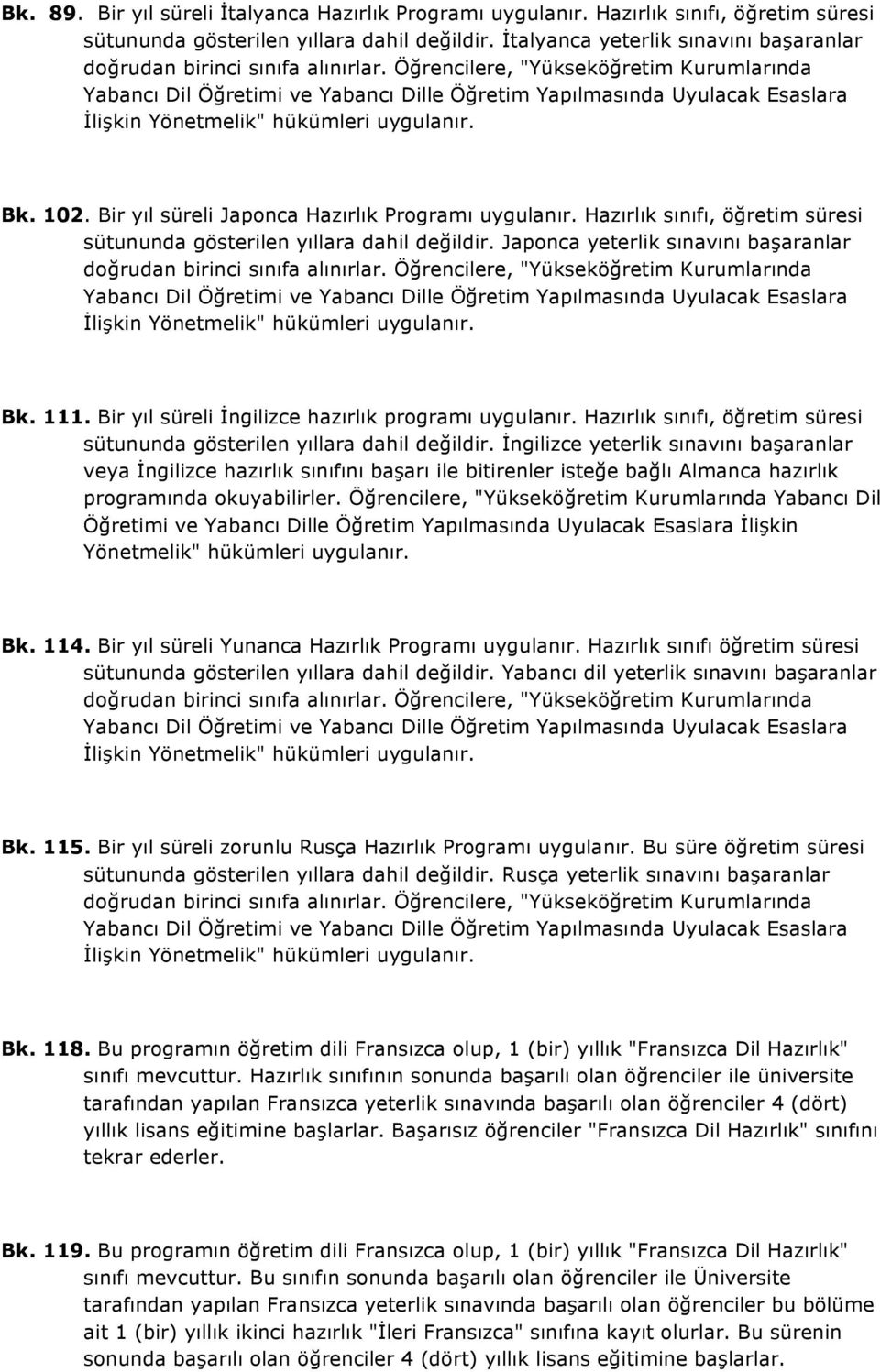 Öğrencilere, "Yükseköğretim Kurumlarında Yabancı Dil Öğretimi ve Yabancı Dille Öğretim Yapılmasında Uyulacak Esaslara İlişkin Yönetmelik" hükümleri uygulanır. Bk. 102.