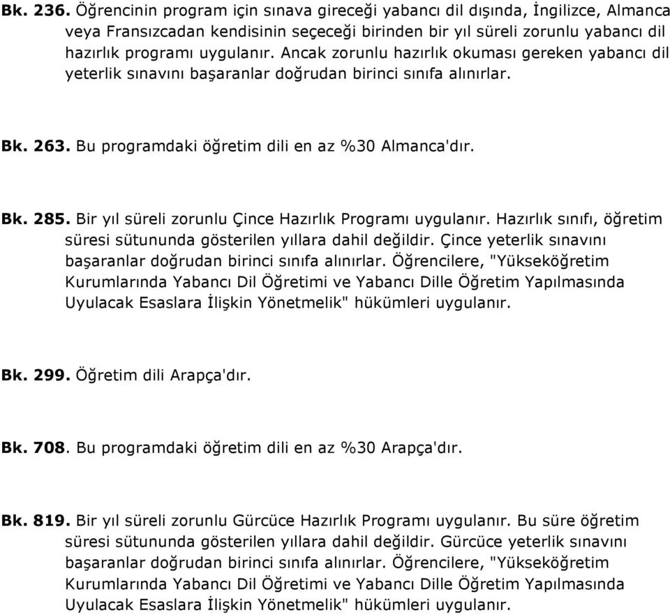 Bir yıl süreli zorunlu Çince Hazırlık Programı uygulanır. Hazırlık sınıfı, öğretim süresi sütununda gösterilen yıllara dahil değildir.