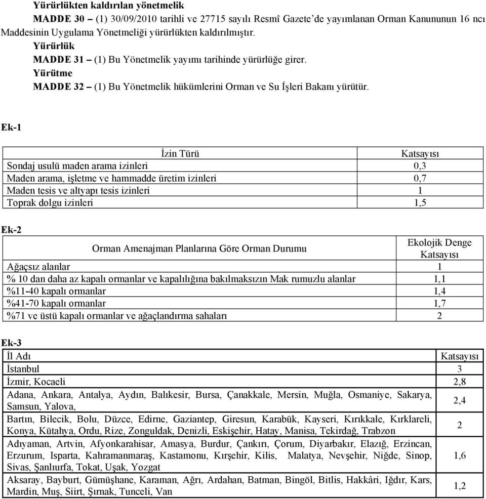 Ek-1 İzin Türü Katsayısı Sondaj usulü maden arama izinleri 0,3 Maden arama, işletme ve hammadde üretim izinleri 0,7 Maden tesis ve altyapı tesis izinleri 1 Toprak dolgu izinleri 1,5 Ek-2 Orman