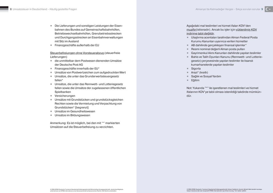 Vorsteuerabzug (steuerfreie Lieferungen) die unmittelbar dem Postwesen dienenden Umsätze der Deutsche Post AG Finanzgeschäfte innerhalb der EU* Umsätze von Postwertzeichen zum aufgedruckten Wert