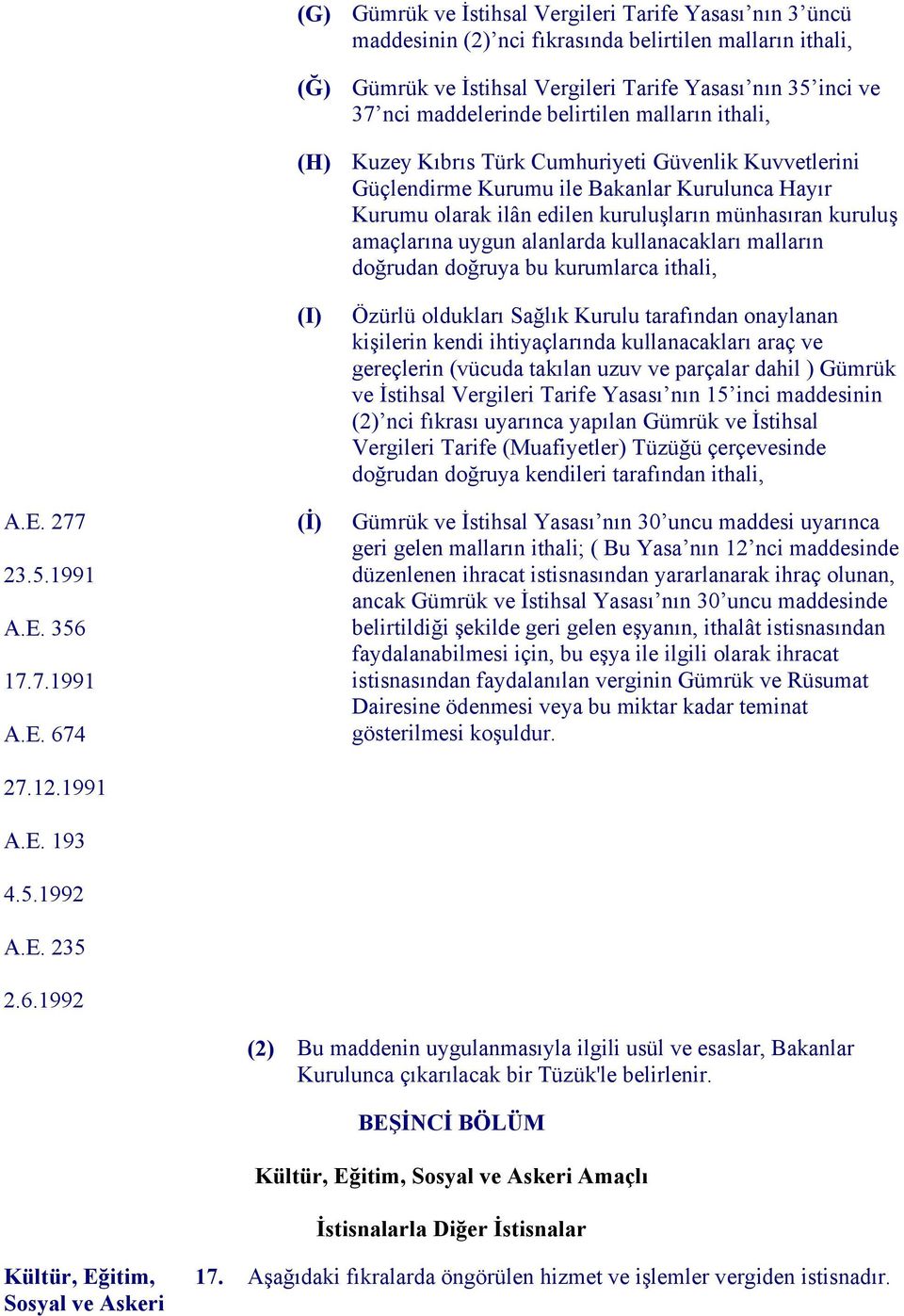 amaçlarına uygun alanlarda kullanacakları malların doğrudan doğruya bu kurumlarca ithali, A.E. 277 23.5.1991 A.E. 356 