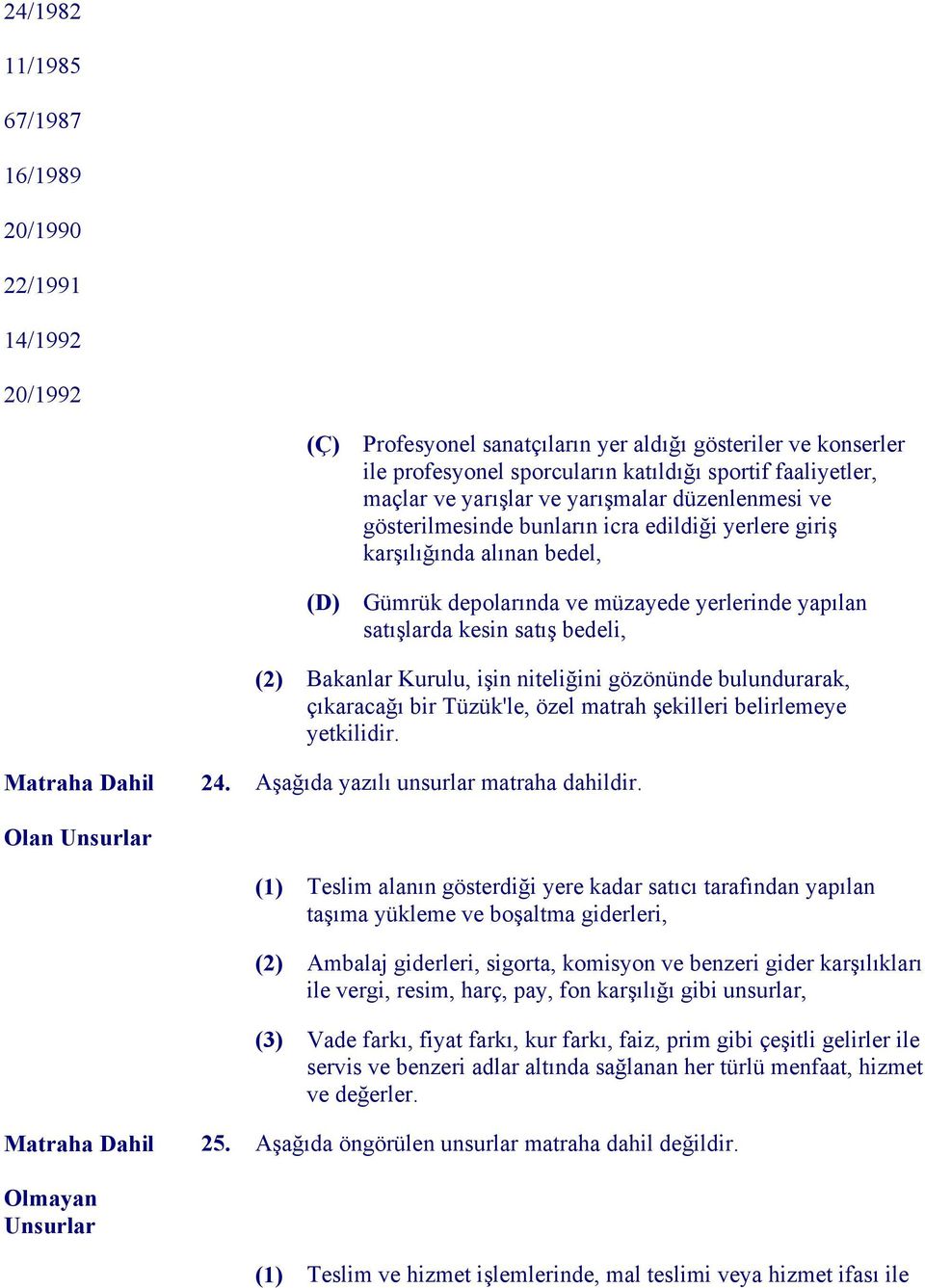 bedeli, (2) Bakanlar Kurulu, işin niteliğini gözönünde bulundurarak, çıkaracağı bir Tüzük'le, özel matrah şekilleri belirlemeye yetkilidir. Matraha Dahil 24. Aşağıda yazılı unsurlar matraha dahildir.