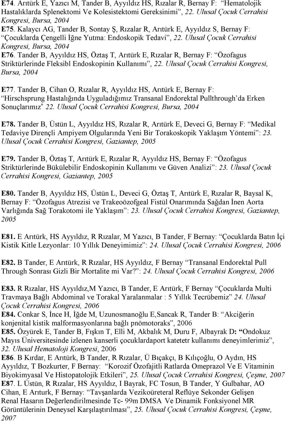 Tander B, Ayyıldız HS, Öztaş T, Arıtürk E, Rızalar R, Bernay F: Özofagus Striktürlerinde Fleksibl Endoskopinin Kullanımı, 22. Ulusal Çocuk Cerrahisi Kongresi, Bursa, 2004 E77.