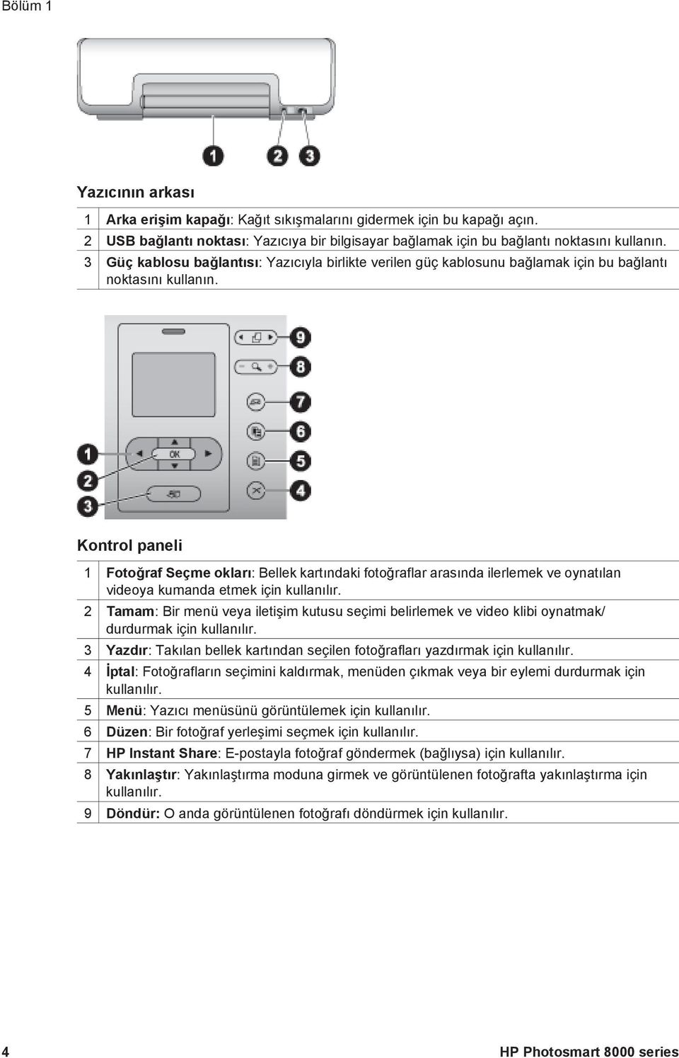 Kontrol paneli 1 Fotoğraf Seçme okları: Bellek kartındaki fotoğraflar arasında ilerlemek ve oynatılan videoya kumanda etmek için kullanılır.