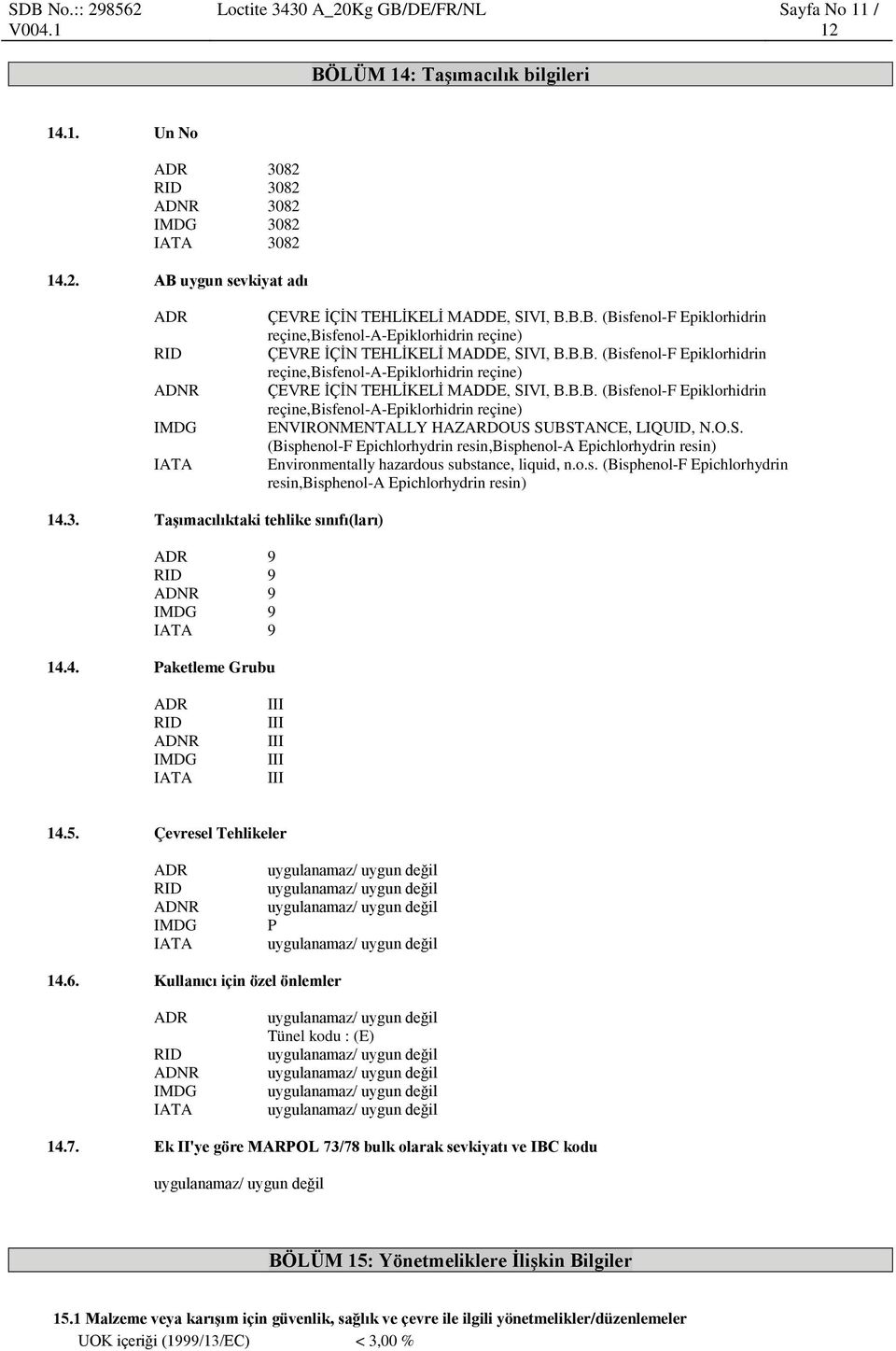 O.S. (Bisphenol-F Epichlorhydrin resin,bisphenol-a Epichlorhydrin resin) Environmentally hazardous substance, liquid, n.o.s. (Bisphenol-F Epichlorhydrin resin,bisphenol-a Epichlorhydrin resin) 14.3.