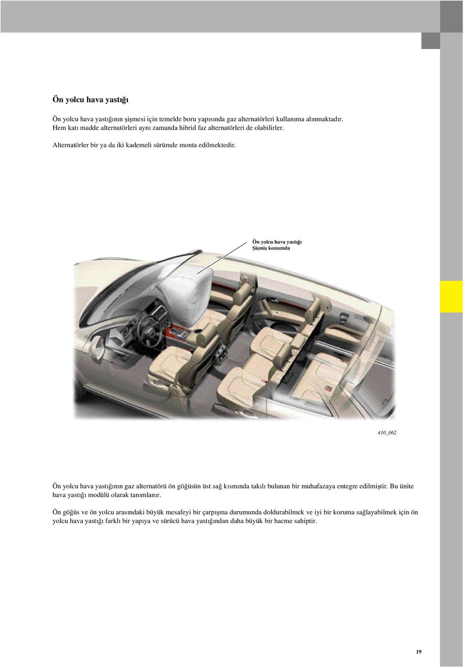 Ön yolcu hava yastýðý Þiþmiþ konumda 410_062 Ön yolcu hava yastýðýnýn gaz alternatörü ön göðüsün üst sað kýsmýnda takýlý bulunan bir muhafazaya entegre edilmiþtir.