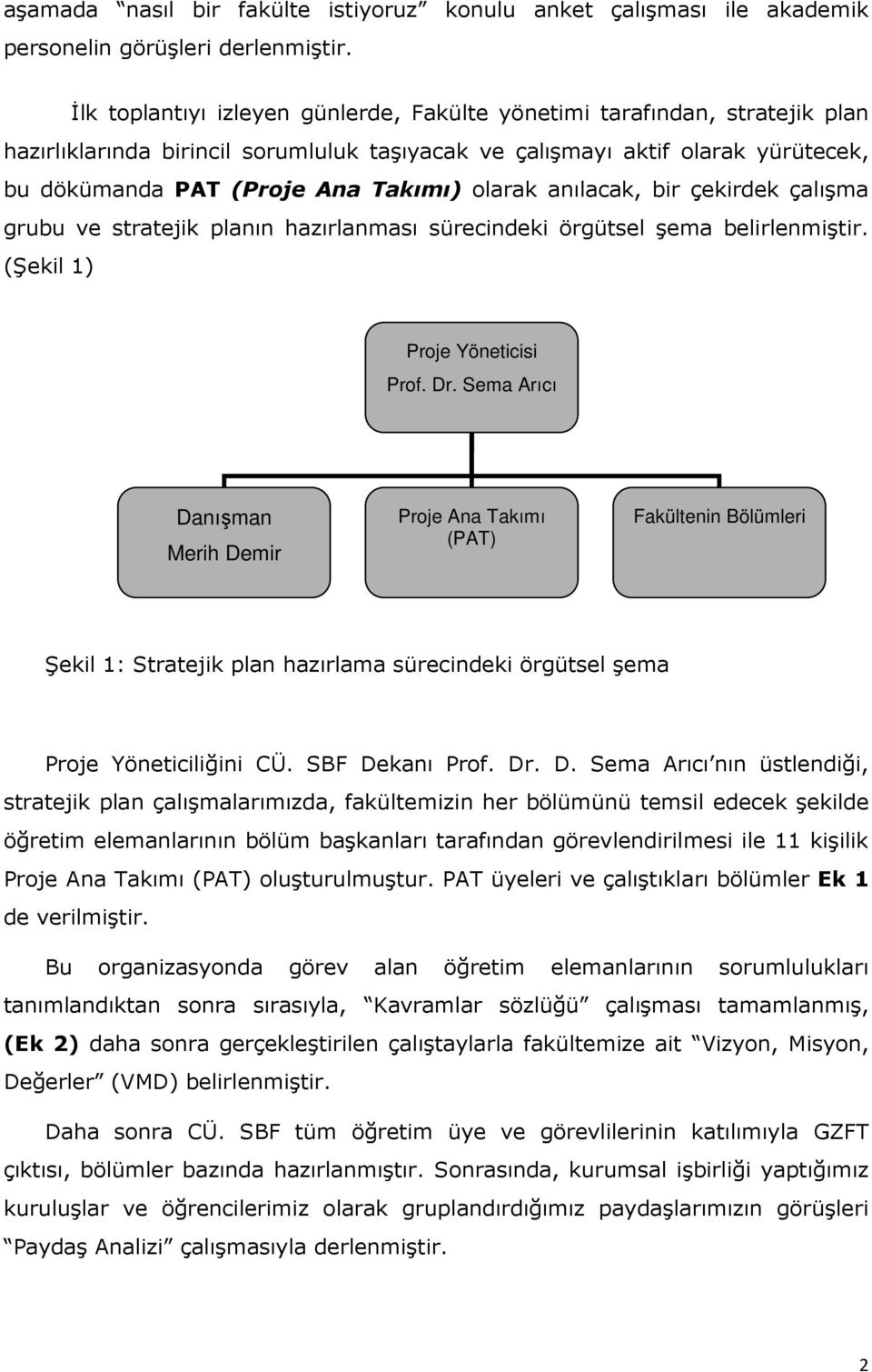 olarak anılacak, bir çekirdek çalışma grubu ve stratejik planın hazırlanması sürecindeki örgütsel şema belirlenmiştir. (Şekil 1) Proje Yöneticisi Prof. Dr.