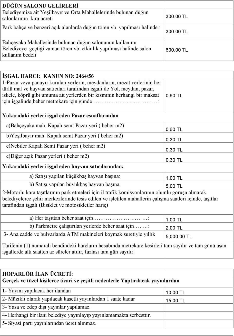 00 TL İŞGAL HARCI: KANUN NO: 2464/56 1-Pazar veya panayır kurulan yerlerin, meydanların, mezat yerlerinin her türlü mal ve hayvan satıcıları tarafından işgali ile Yol, meydan, pazar, iskele, köprü