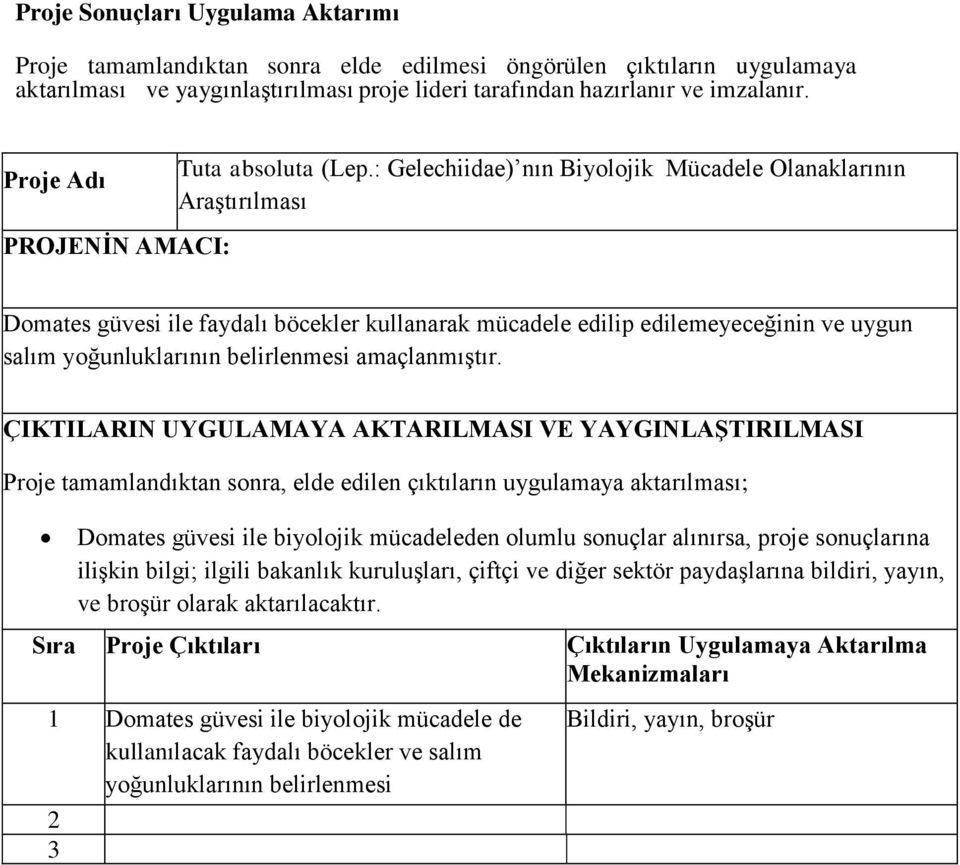 : Gelechiidae) nın Biyolojik Mücadele Olanaklarının Araştırılması PROJENİN AMACI: Domates güvesi ile faydalı böcekler kullanarak mücadele edilip edilemeyeceğinin ve uygun salım yoğunluklarının