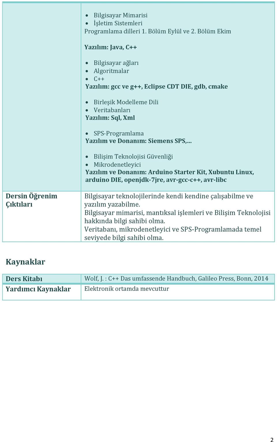 Donanım: Siemens SPS, Bilişim Teknolojisi Güvenliği Mikrodenetleyici Yazılım ve Donanım: Arduino Starter Kit, Xubuntu Linux, arduino DIE, openjdk-7jre, avr-gcc-c++, avr-libc Dersin Öğrenim Çıktıları