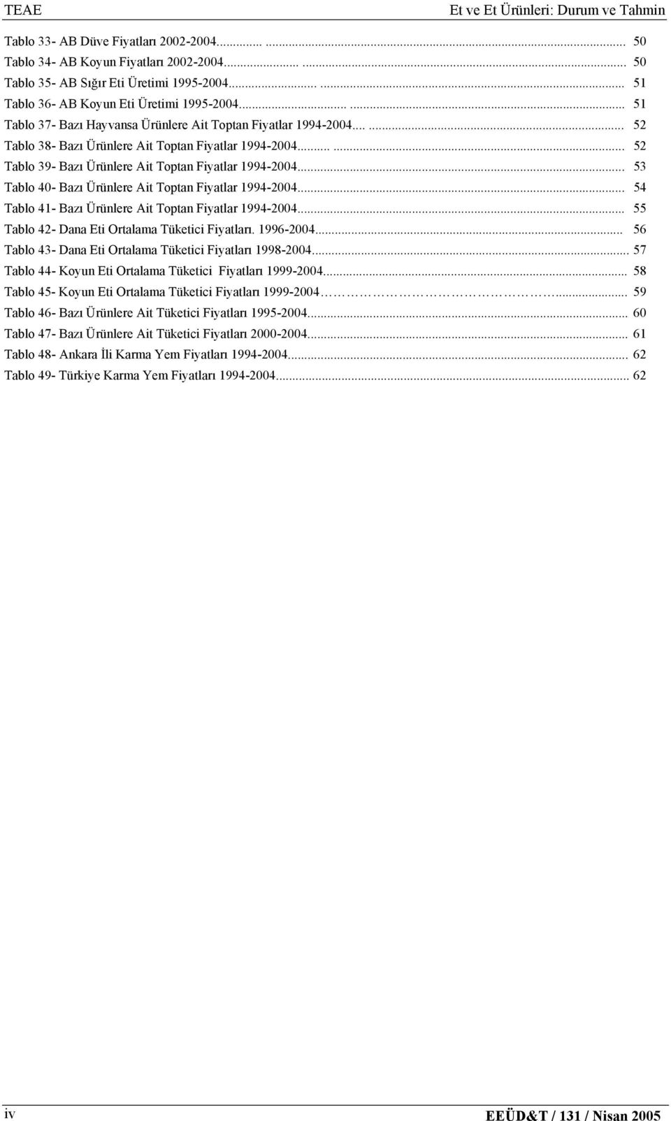 .. 53 Tablo 40- Bazı Ürünlere Ait Toptan Fiyatlar 1994-2004... 54 Tablo 41- Bazı Ürünlere Ait Toptan Fiyatlar 1994-2004... 55 Tablo 42- Dana Eti Ortalama Tüketici Fiyatları. 1996-2004.